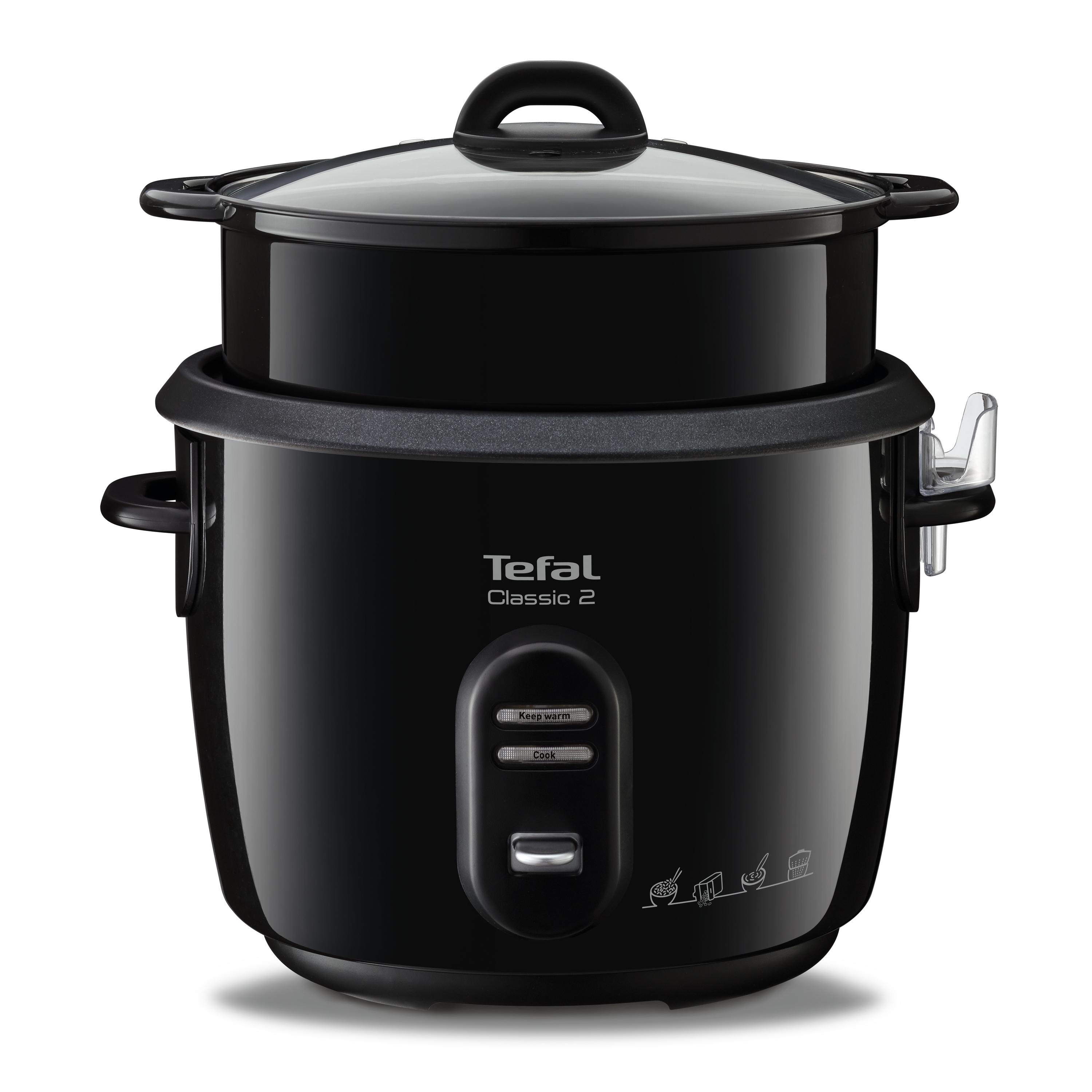 Schwarzer Tefal Classic 2 Reiskocher mit transparentem Deckel auf weißem Hintergrund.