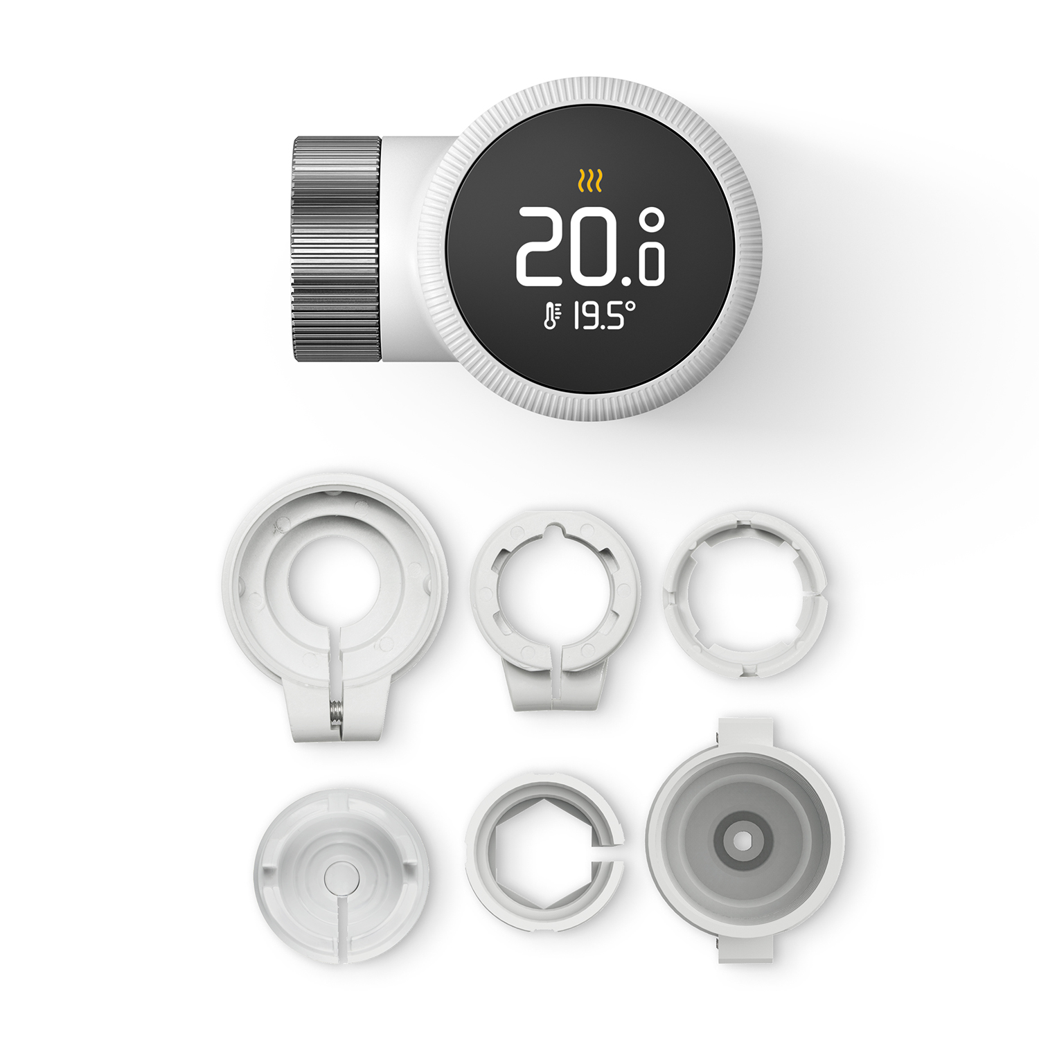 Termostato intelligente bianco con display che mostra la temperatura e accessori di montaggio.