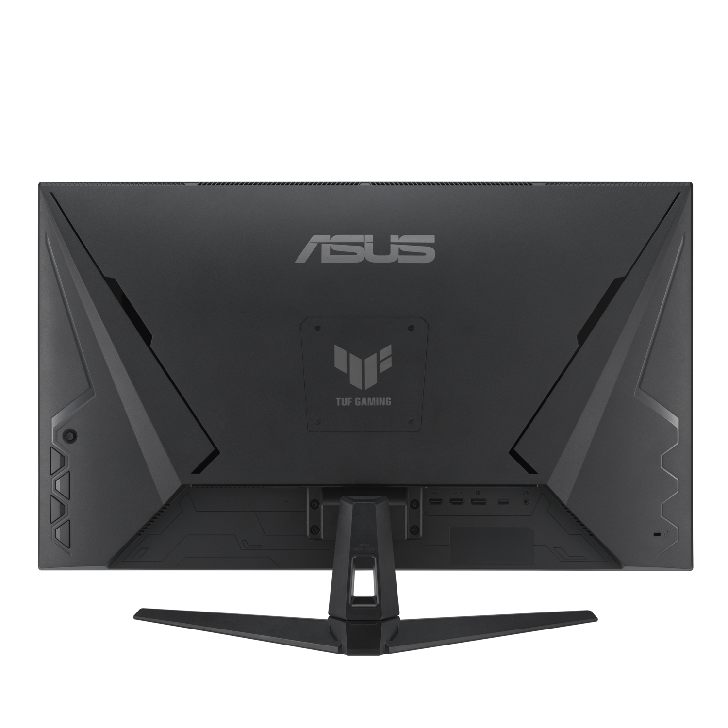 Back view of a black gaming monitor with the ASUS and TUF Gaming logos.