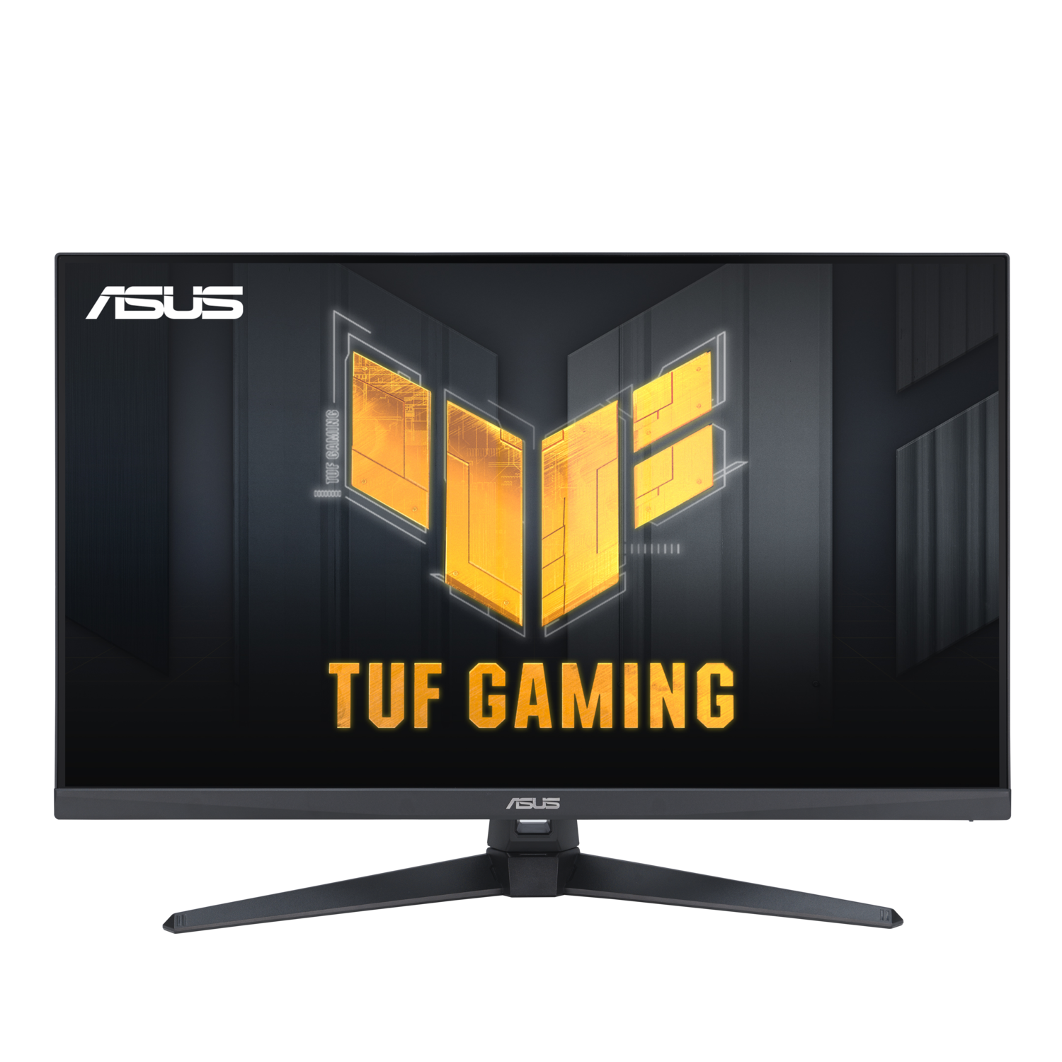 Asus TUF Gaming monitor, black. Screen displays a yellow and gold design, with the words 'TUF GAMING' in large letters.