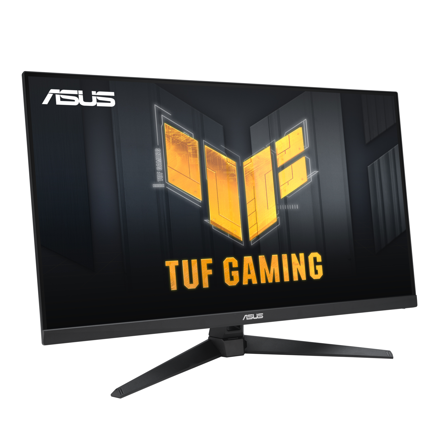Black monitor displaying a game interface. ASUS TUF GAMING logo on the screen, black stand.