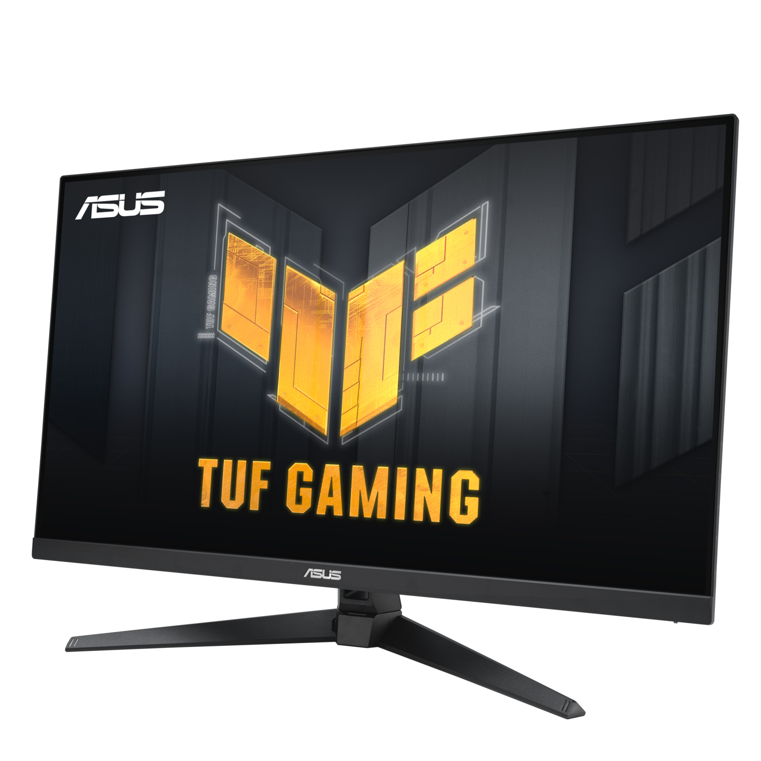 A black monitor with a yellow logo and the words 'TUF GAMING'.