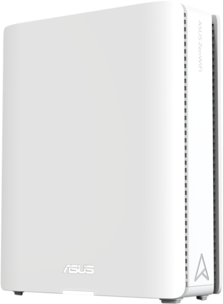 Egy fehér, téglalap alakú ASUS ZenWiFi router, álló helyzetben. Az ASUS logó látható. Az oldala szellőzőnyílásokkal.