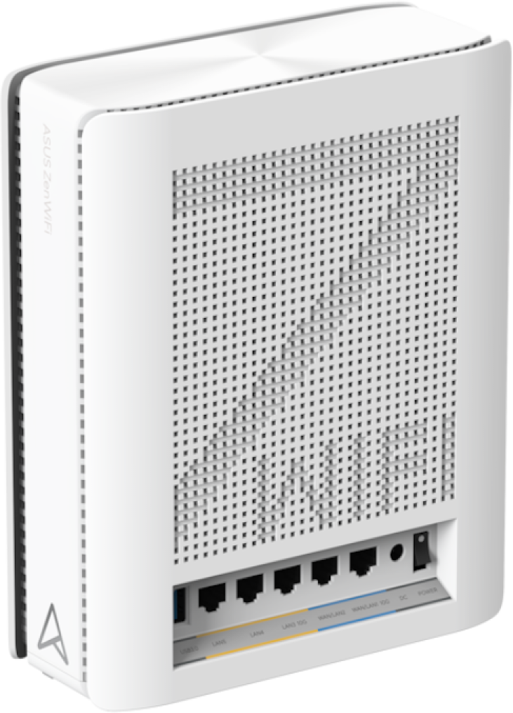 Fehér router több porttal és egy bekapcsoló gombbal a hátoldalon.