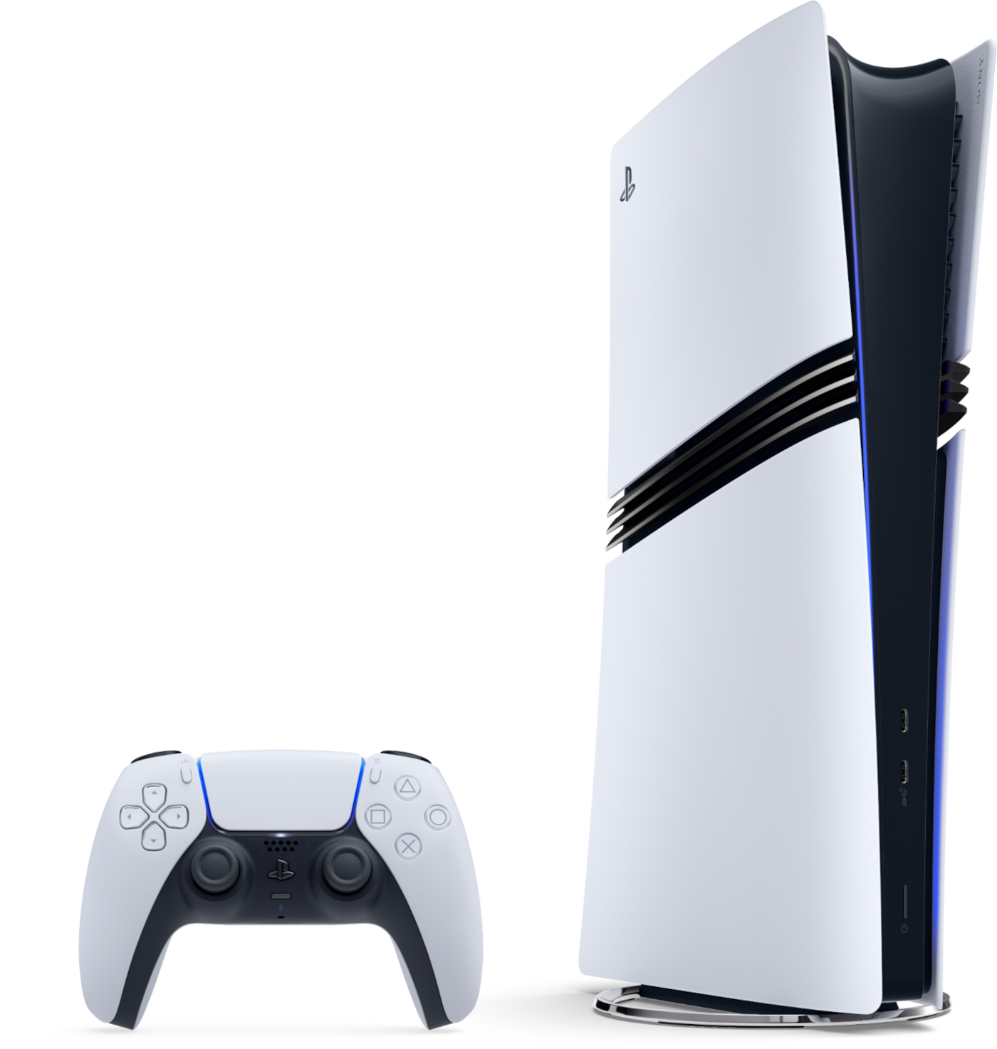 PlayStation 5 konzol és vezérlő fehér háttéren. A konzol jobbra.