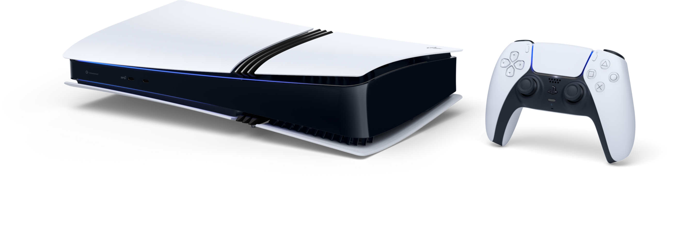 PlayStation 5 konzol és egy fehér vezérlő fekete háttér előtt.