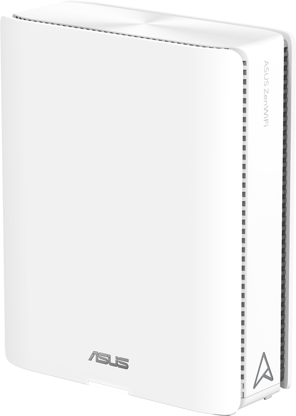 Fehér Asus ZenWiFi router fehér háttéren. Az ASUS logó látható.