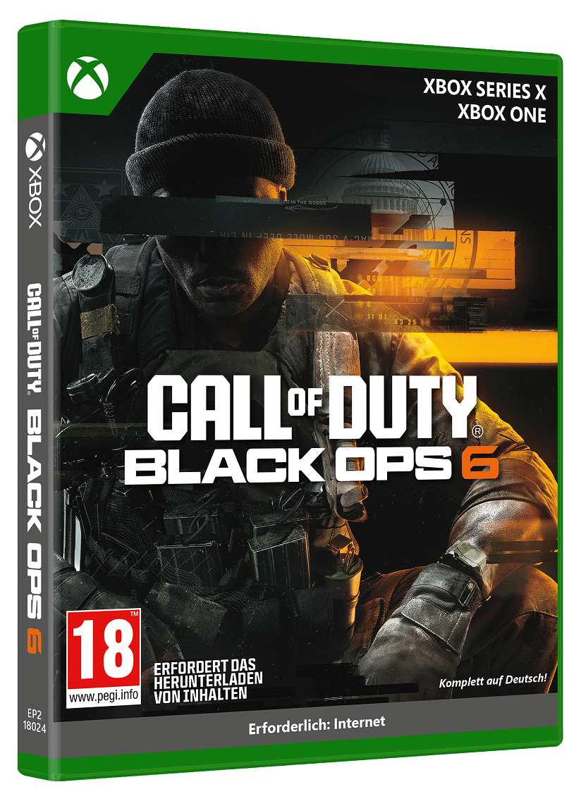 Das Cover einer Call of Duty Black Ops 6-Spielbox. Die Box ist grün mit Text in Schwarz.