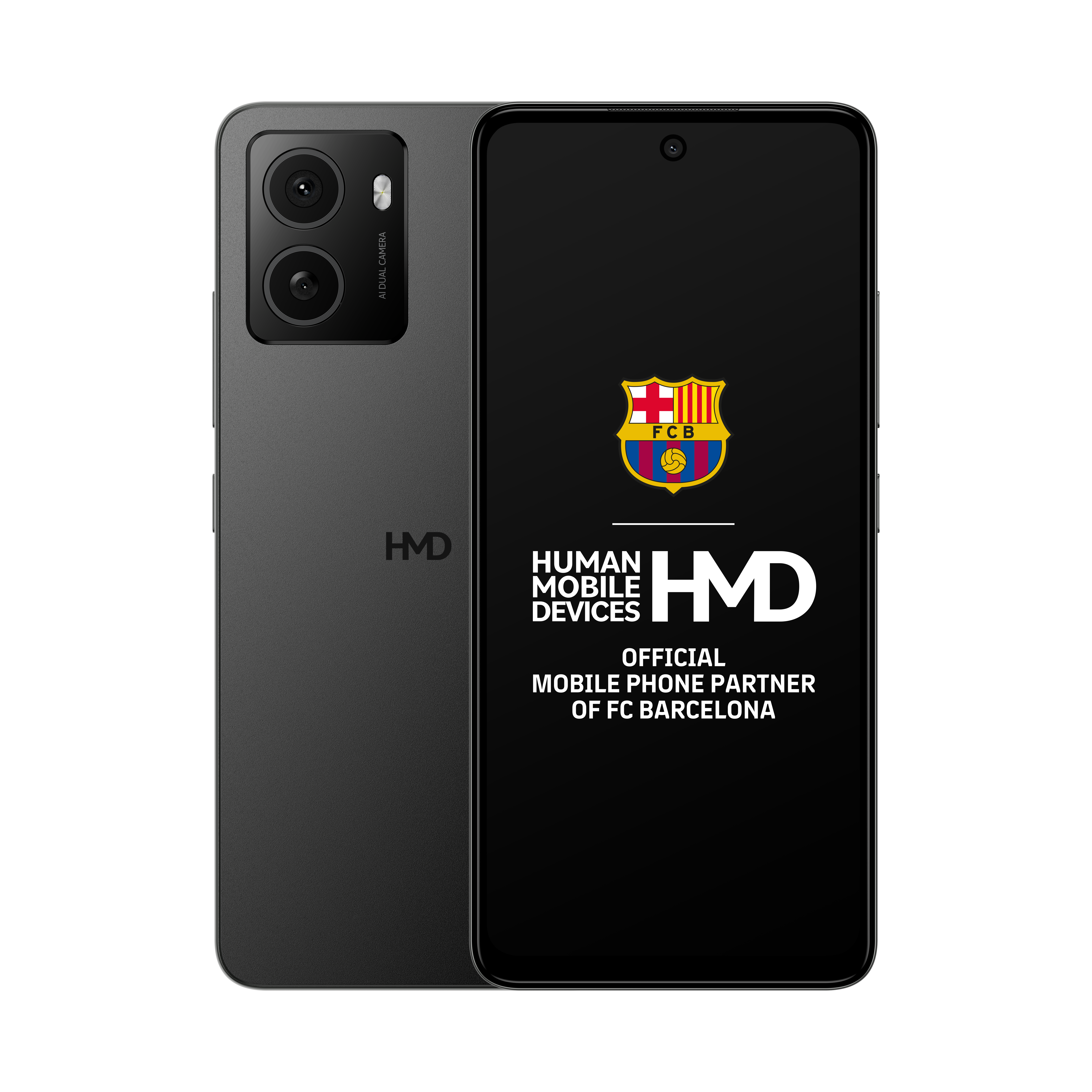 Schwarzes Smartphone, das das FC Barcelona-Logo auf dem Bildschirm zeigt. Die Rückseite ist ebenfalls sichtbar.