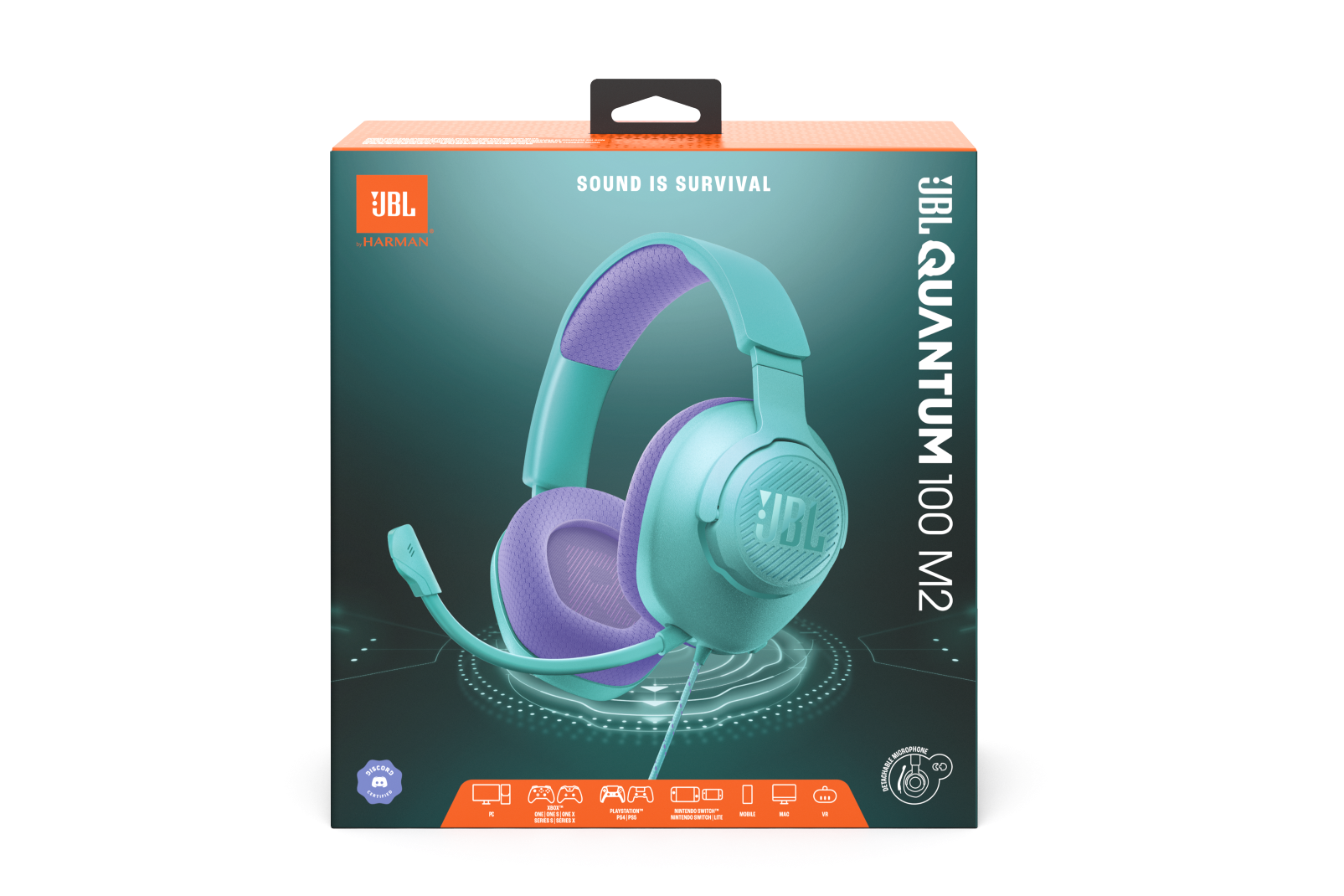 Kutuda JBL Quantum 100 M2 kulaklık, turkuaz ve mor renklerde.