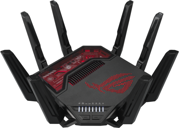 Egy fekete router antennákkal. ROG logóval és piros belső világítással.
