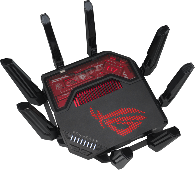 Fekete-piros gaming router antennákkal. ROG logó elöl.