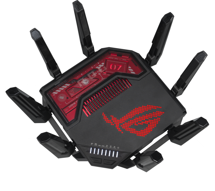 Egy fekete gaming router több antennával. Piros díszítések és a ROG logó látható.