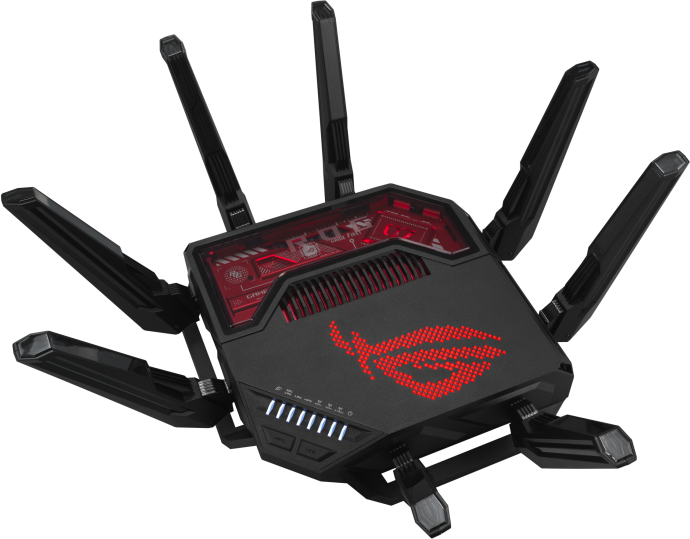 Fekete gaming router kinyújtott antennákkal, piros lámpákkal és ROG logóval a tetején.