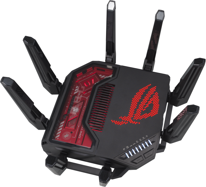 Egy fekete router több antennával, piros lámpákkal megvilágítva.