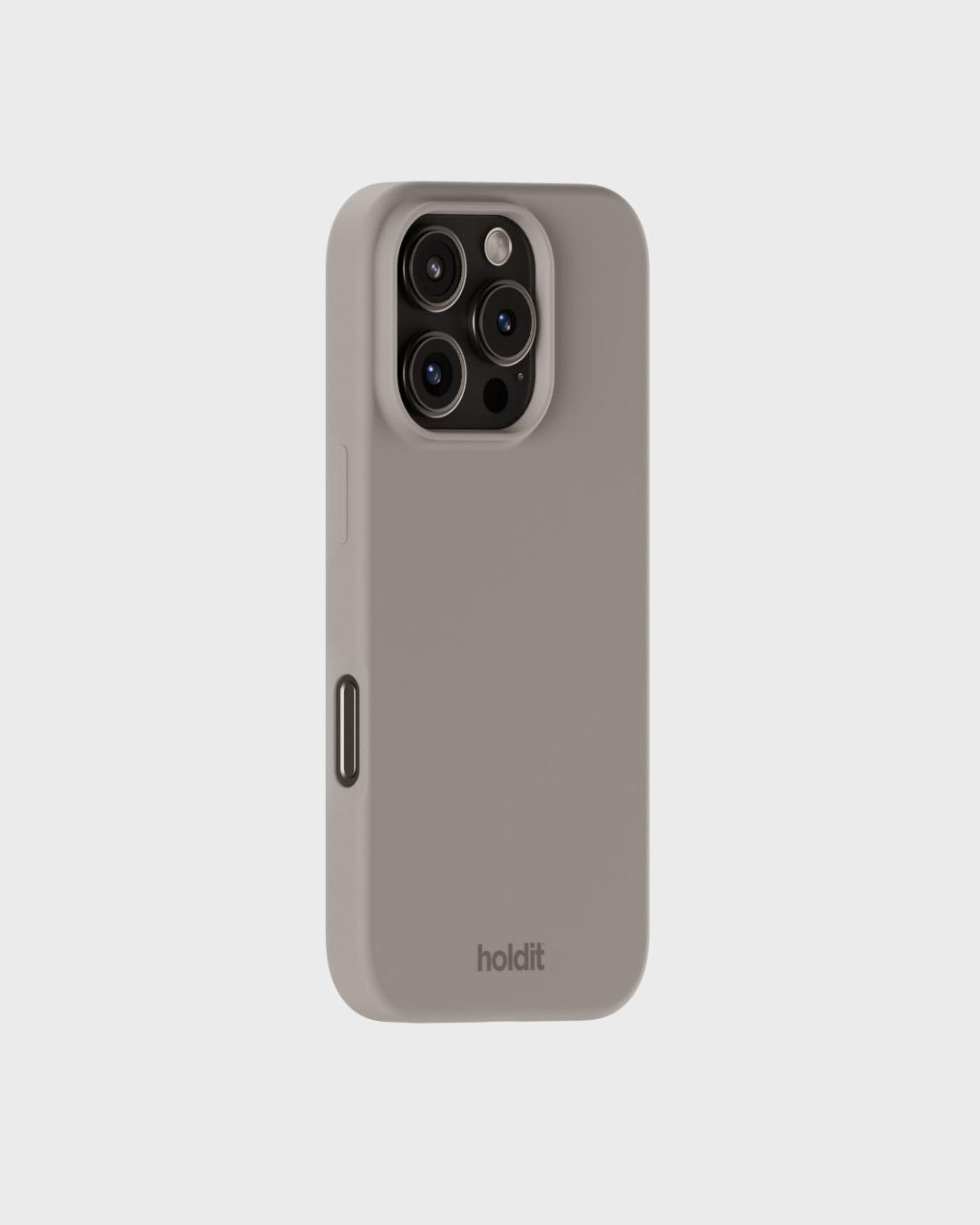 Handyhülle, grau. Hält ein Telefon mit drei Kameras. Die Hülle hat eine glatte Textur und den Markennamen 'holdit'.