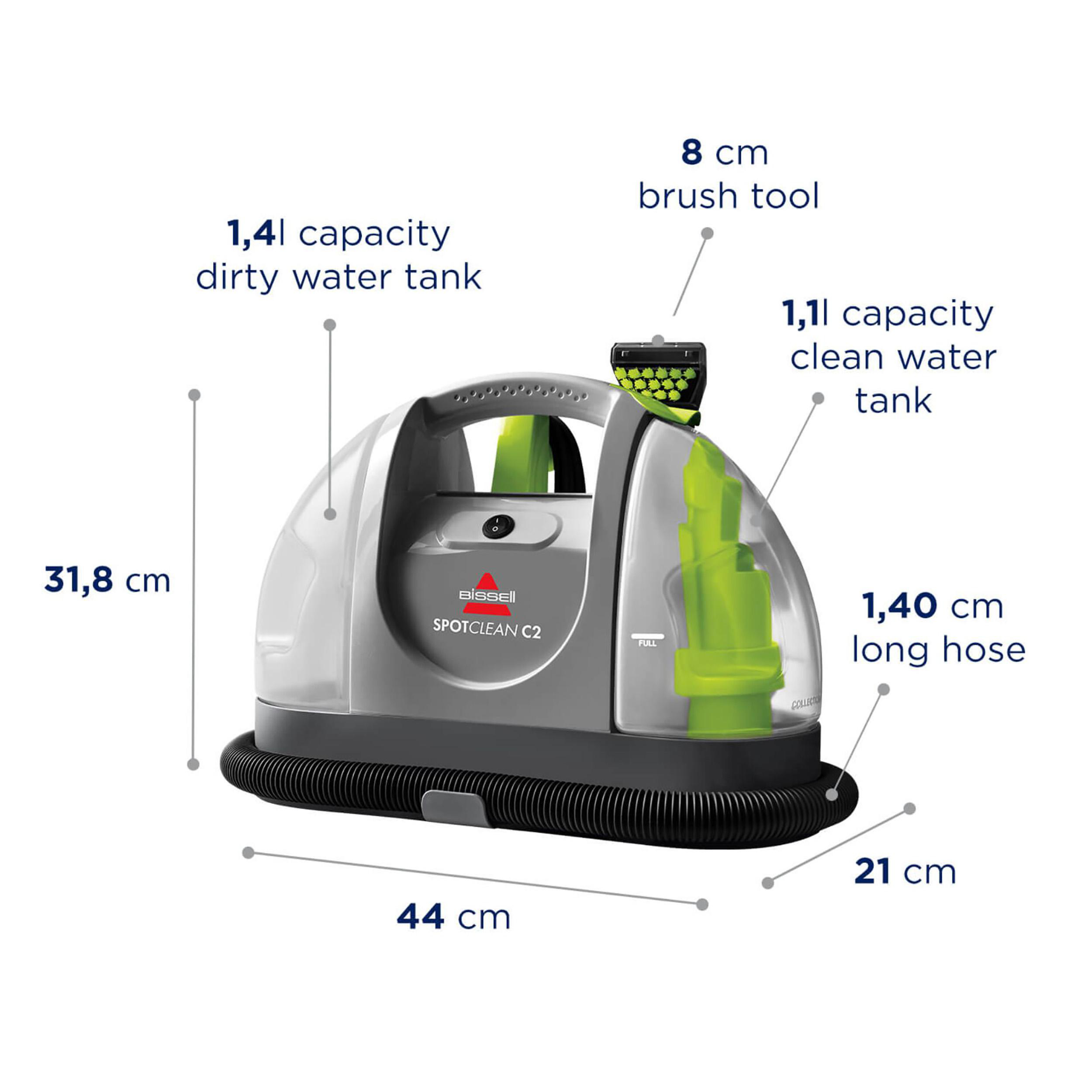 Ein Bissell SpotClean C2 Reiniger mit Abmessungen und Beschriftungen, einschließlich Wassertankkapazitäten und Schlauchgröße.