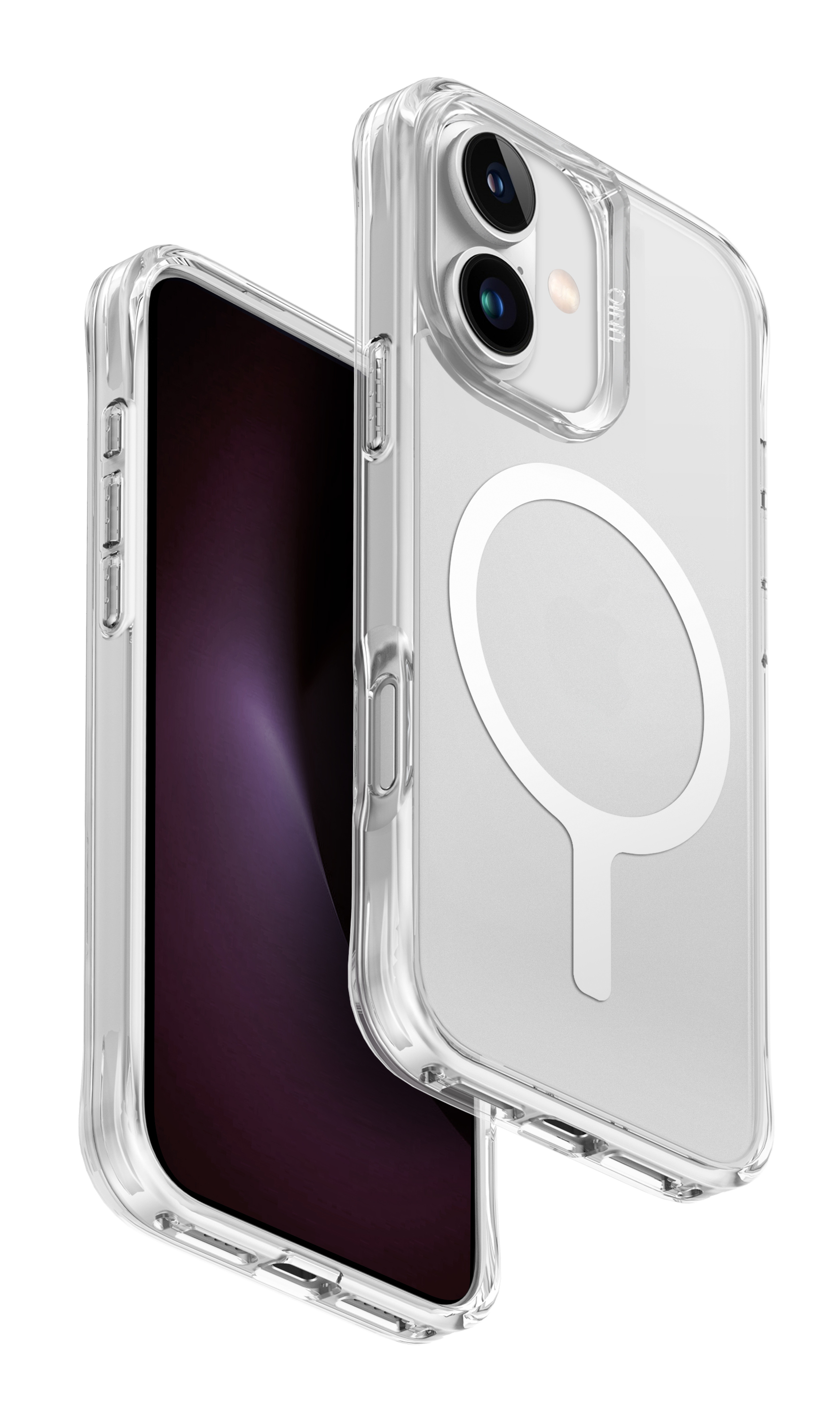 Przezroczyste etui na telefon z iPhone'em w środku. Etui ma magnetyczny pierścień i jest pokazane na białym tle.