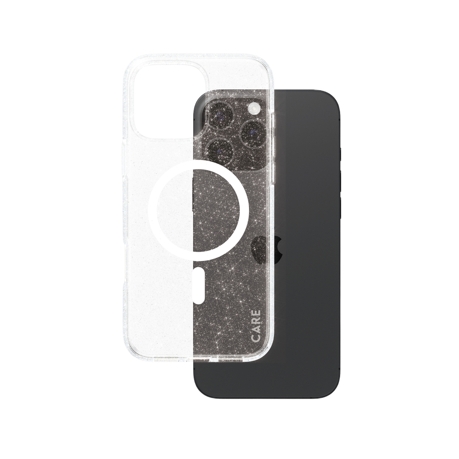 Coque transparente avec paillettes et un téléphone noir, avec un logo 'CARE'.
