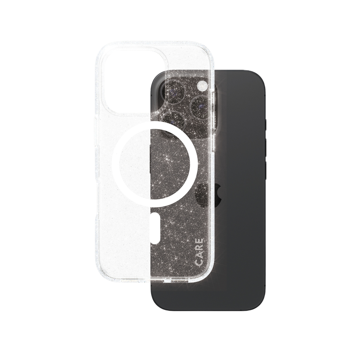 Coque de téléphone transparente avec paillettes et cercle MagSafe. Téléphone noir à l'intérieur.