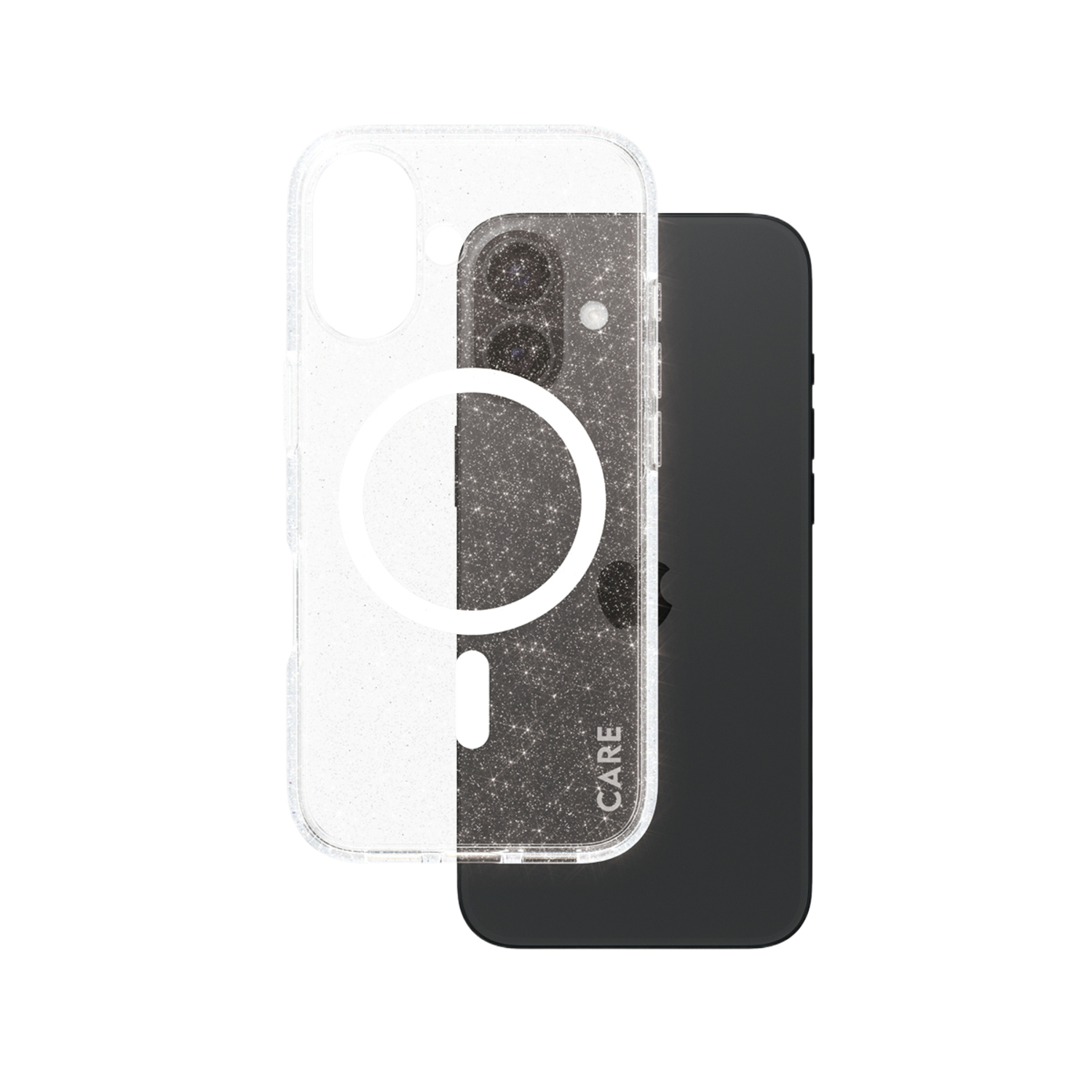 Coque de téléphone transparente avec paillettes et un téléphone noir à l'intérieur, montrant une configuration de caméra.