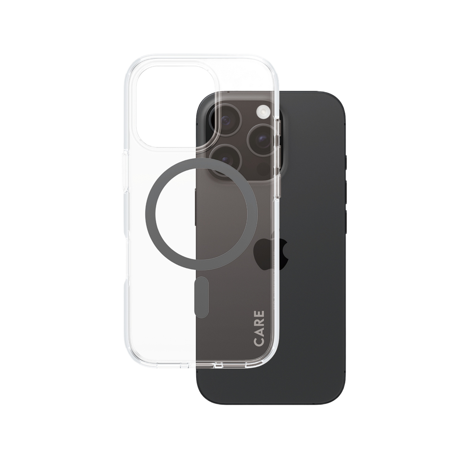 Une coque transparente avec un téléphone noir à l'intérieur, la coque montre le cercle MagSafe et le logo Apple.