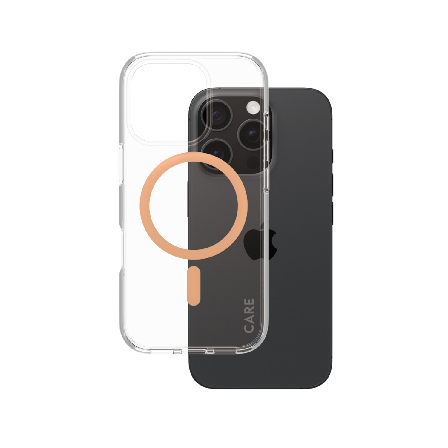 iPhone noir avec coque transparente et cercle orange. Le téléphone a trois caméras. Fond noir.