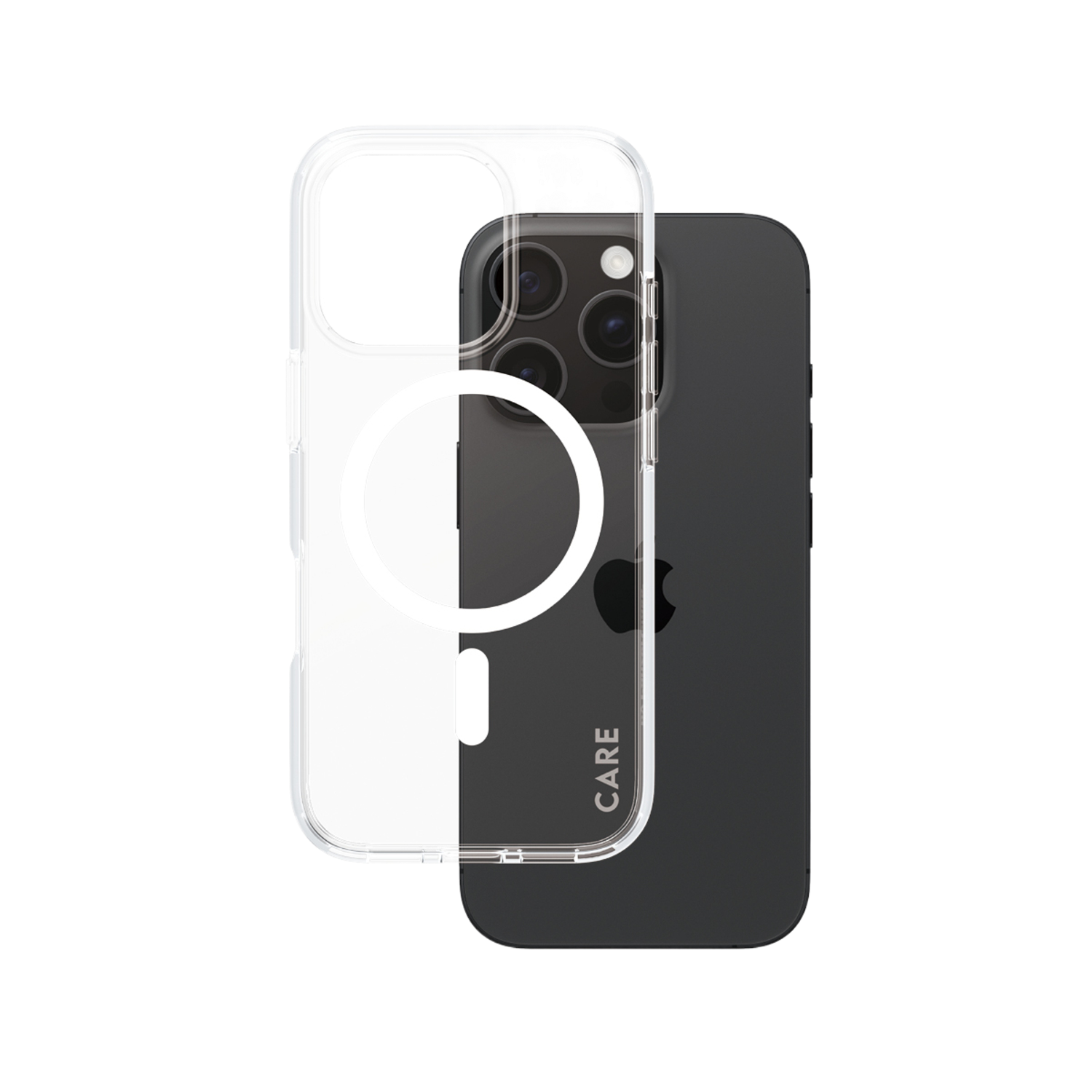 Coque transparente pour iPhone avec un iPhone noir à l'intérieur. La coque affiche le logo Apple.