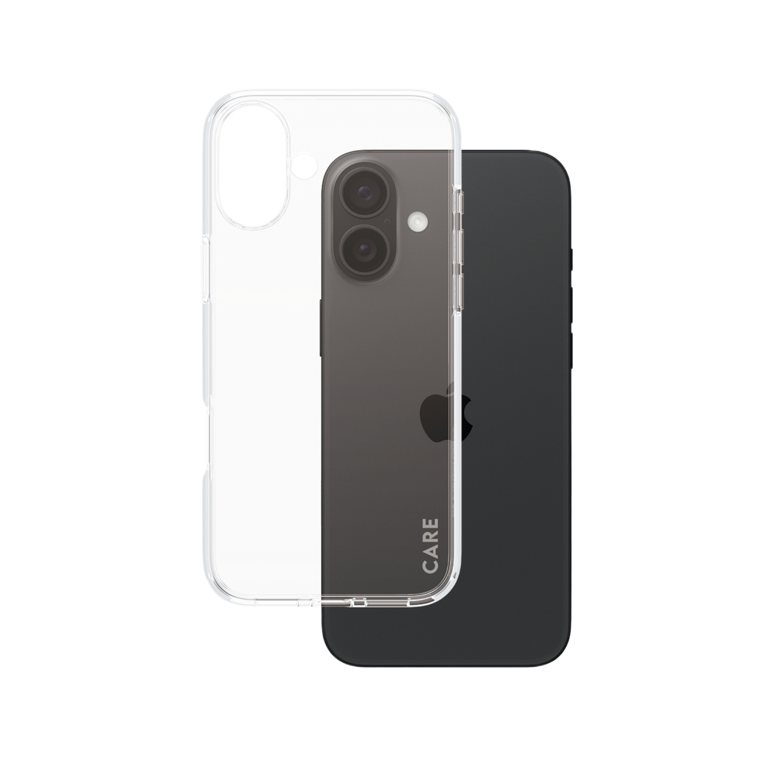 Un téléphone et une coque transparente. La coque s'adapte au téléphone avec le texte 'CARE' visible.