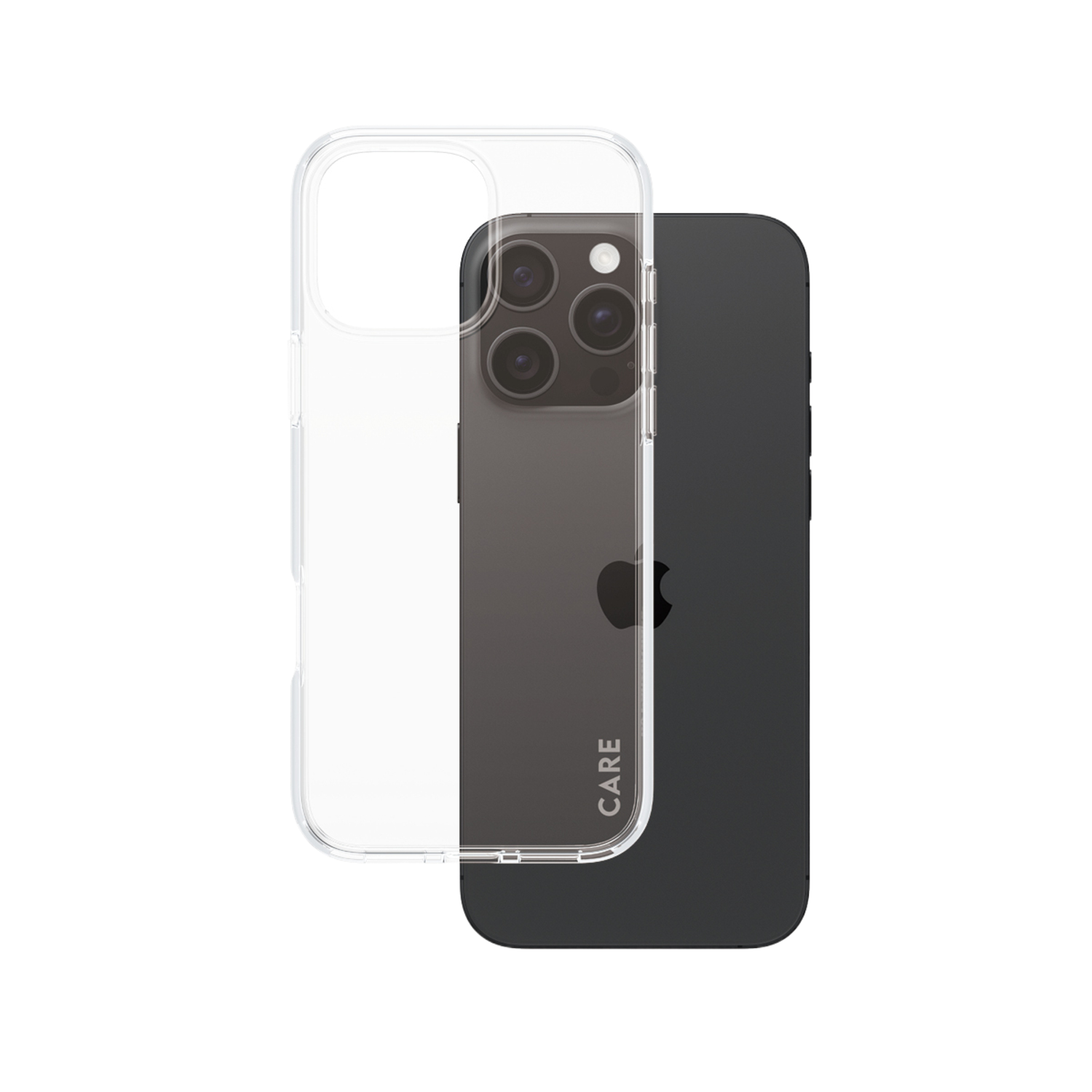Coque de téléphone transparente sur un téléphone noir, montrant le dos. La coque est transparente.