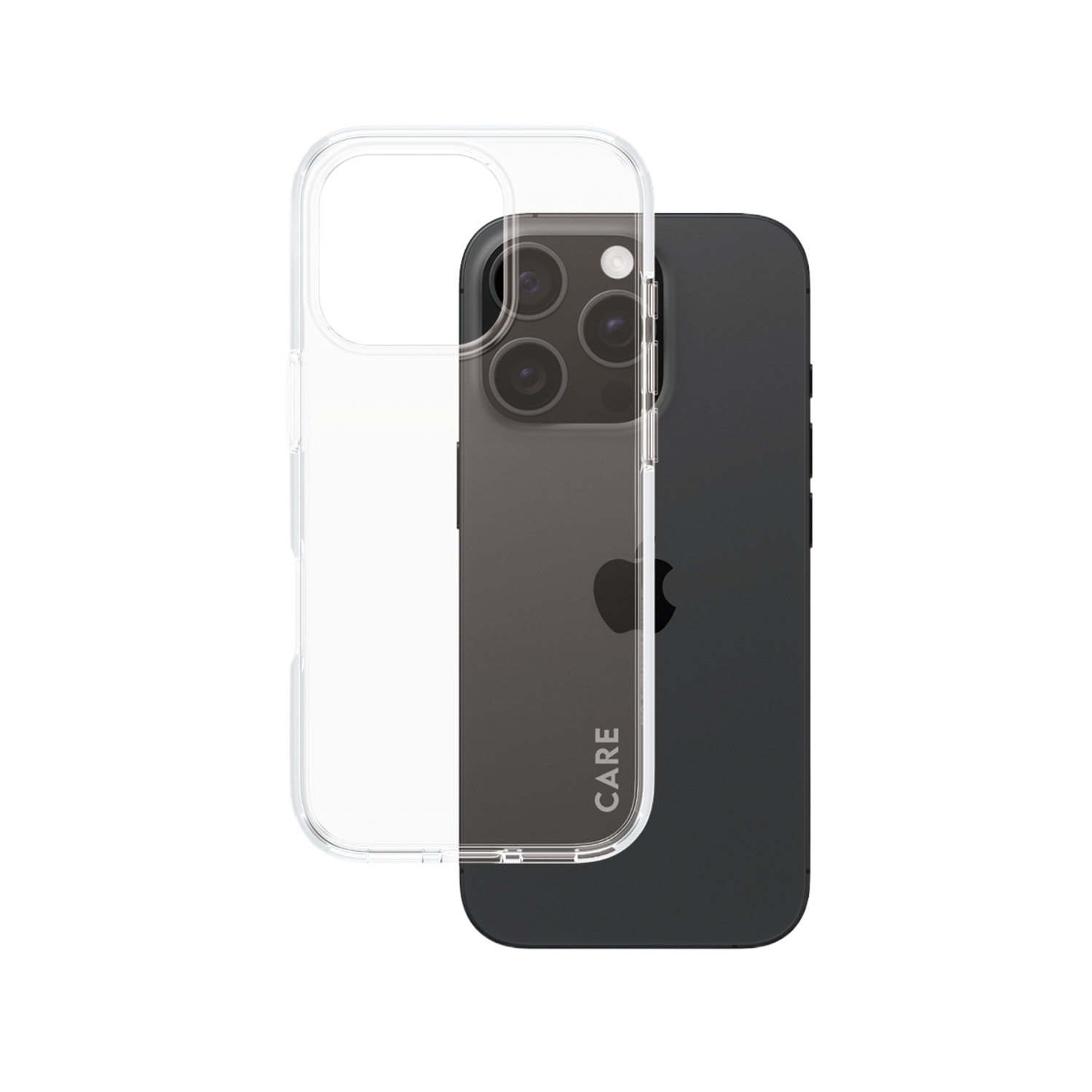 iPhone noir avec une coque transparente. La coque montre un téléphone et le mot CARE.