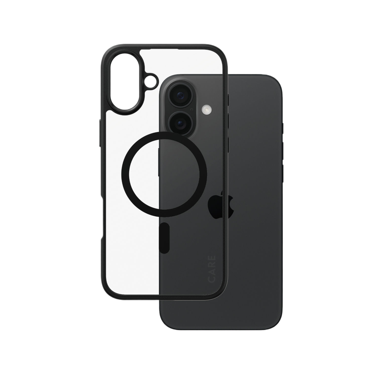 Coque de téléphone transparente avec un téléphone noir à l'intérieur. Montre la configuration de la caméra et l'arrière du téléphone.