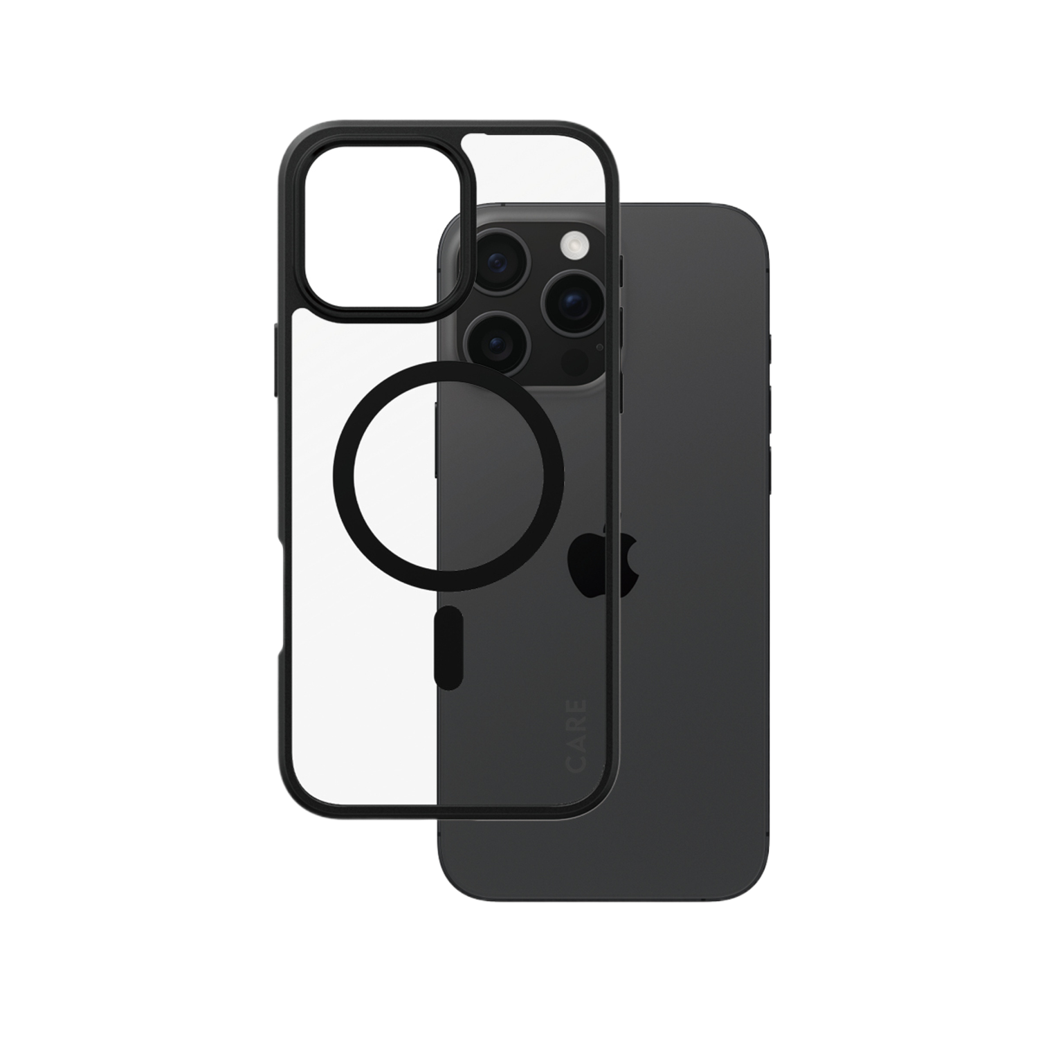 Coque noire pour iPhone avec dos transparent et anneau noir pour MagSafe.