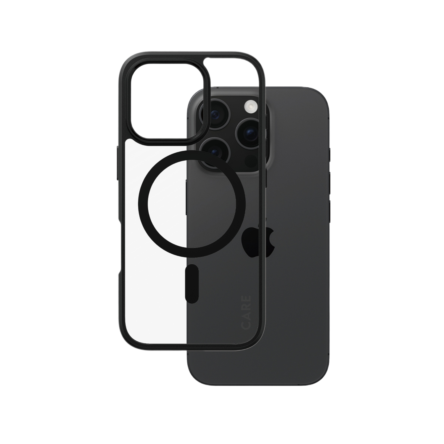 Coque noire pour iPhone. Elle est partiellement transparente. Couvre l'arrière et les côtés.