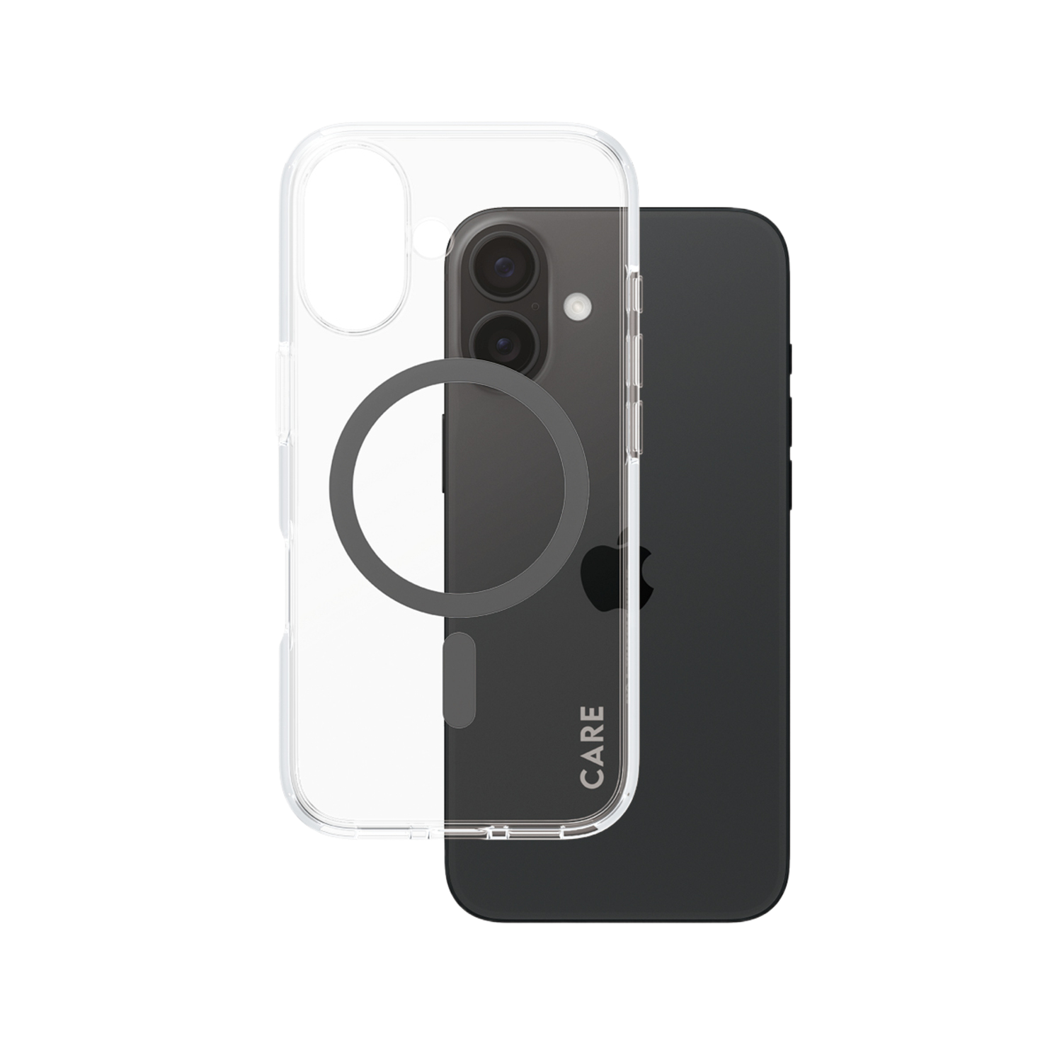 Un iPhone avec une coque transparente. La coque montre un anneau MagSafe et a un fond noir.