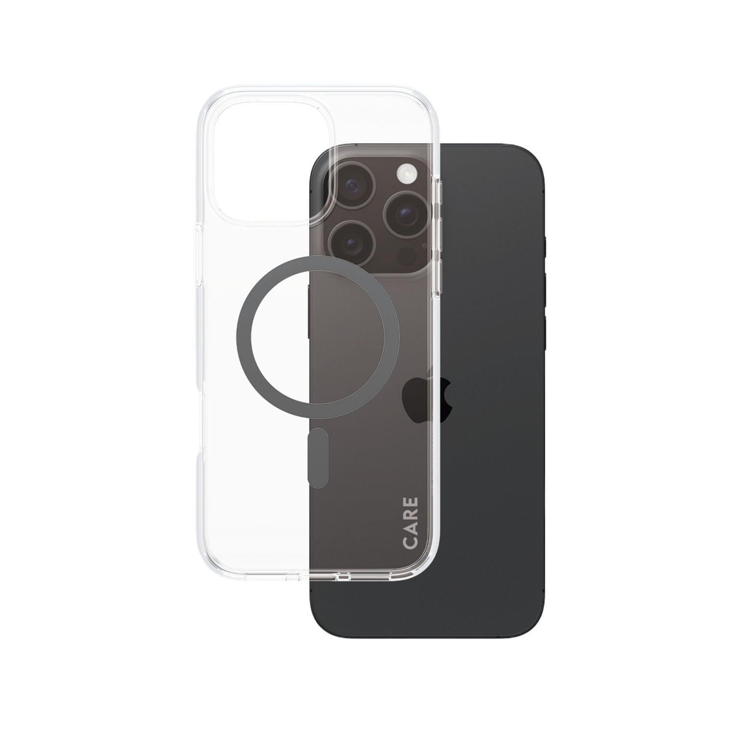 Une coque de téléphone transparente sur un téléphone. Une seconde coque est noire et le recouvre partiellement.