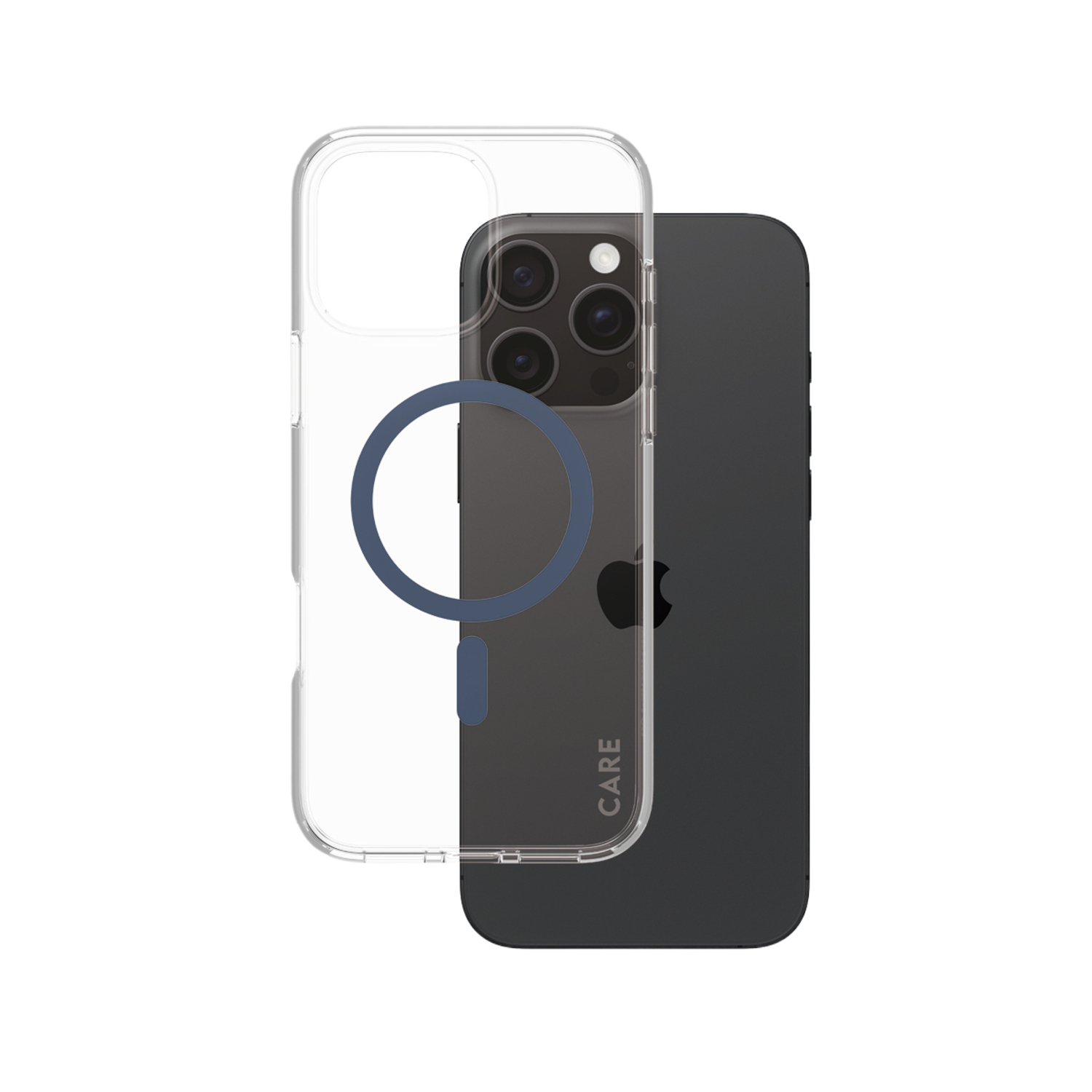 Coque transparente pour iPhone avec cercle bleu pour MagSafe et iPhone noir. Marque 'CARE'.