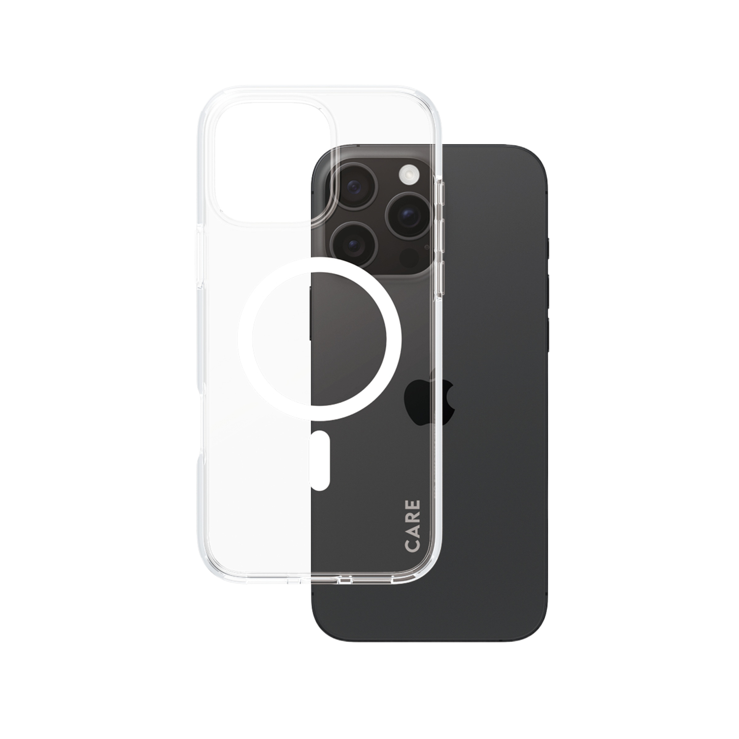 iPhone noir avec étui transparent, montrant la caméra et le logo Apple.