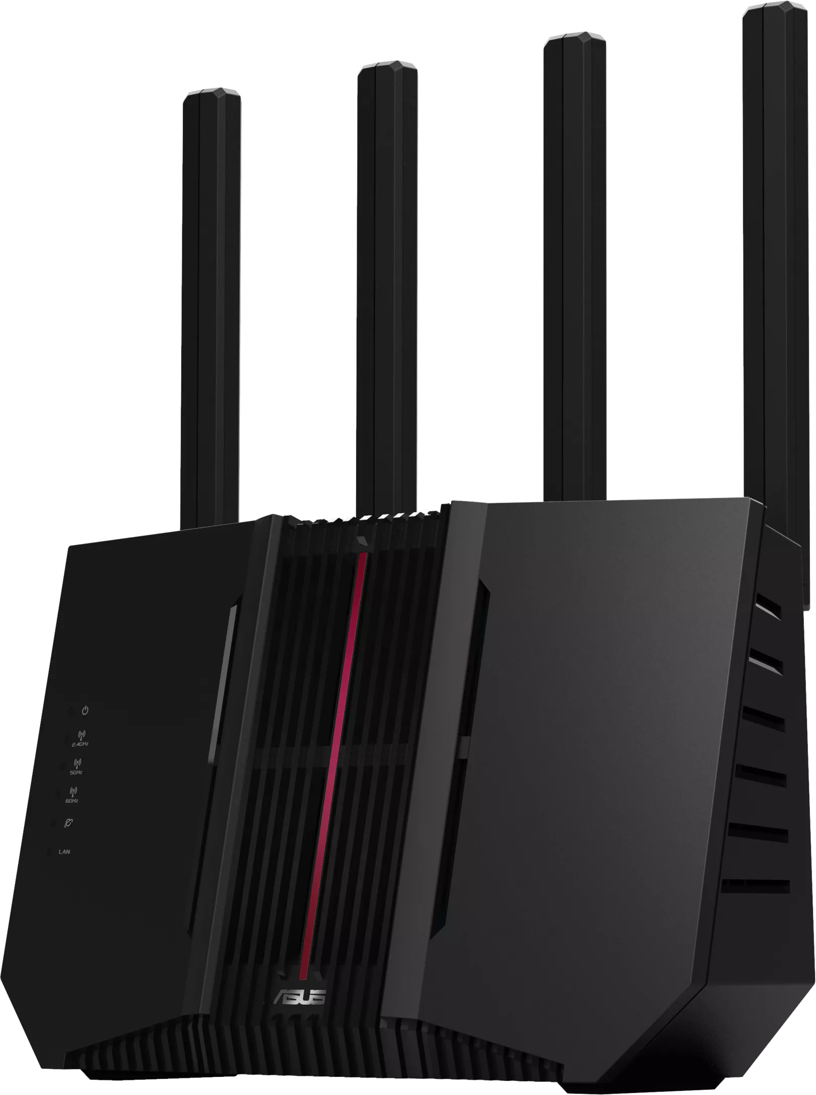 Fekete ASUS router négy antennával. Az elején egy piros csík és az ASUS logó látható.
