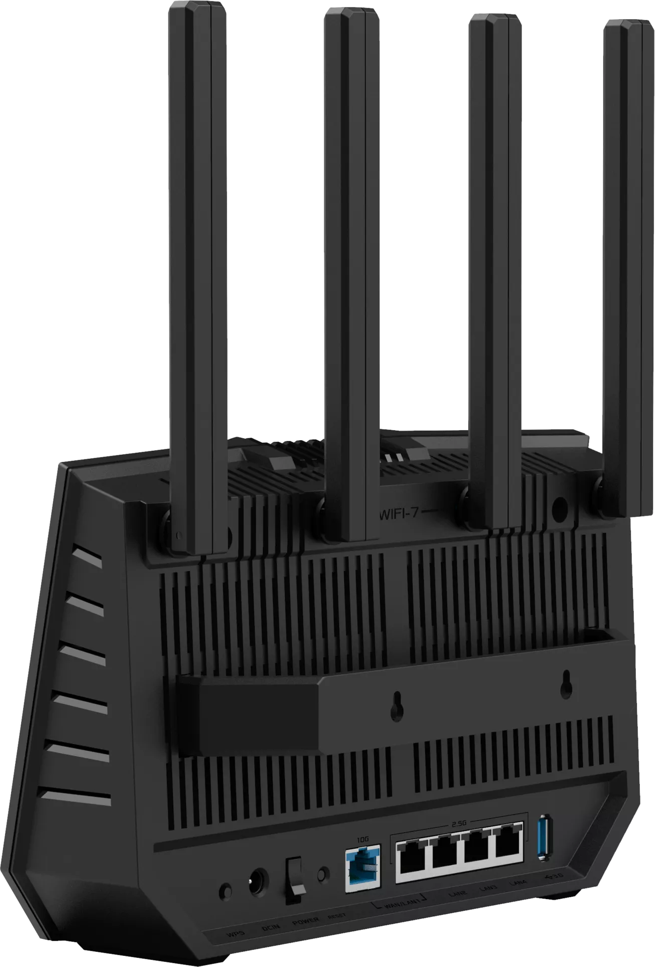 Fekete router négy antennával, portokkal és "WIFI-7" felirattal a hátoldalon.