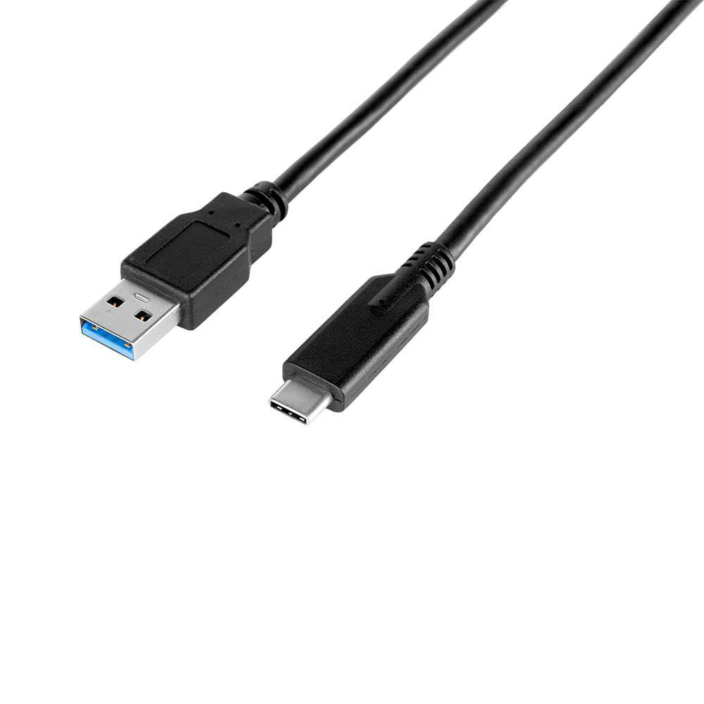 Schwarzes USB-C-zu-USB-3.0-Kabel auf weißem Hintergrund.