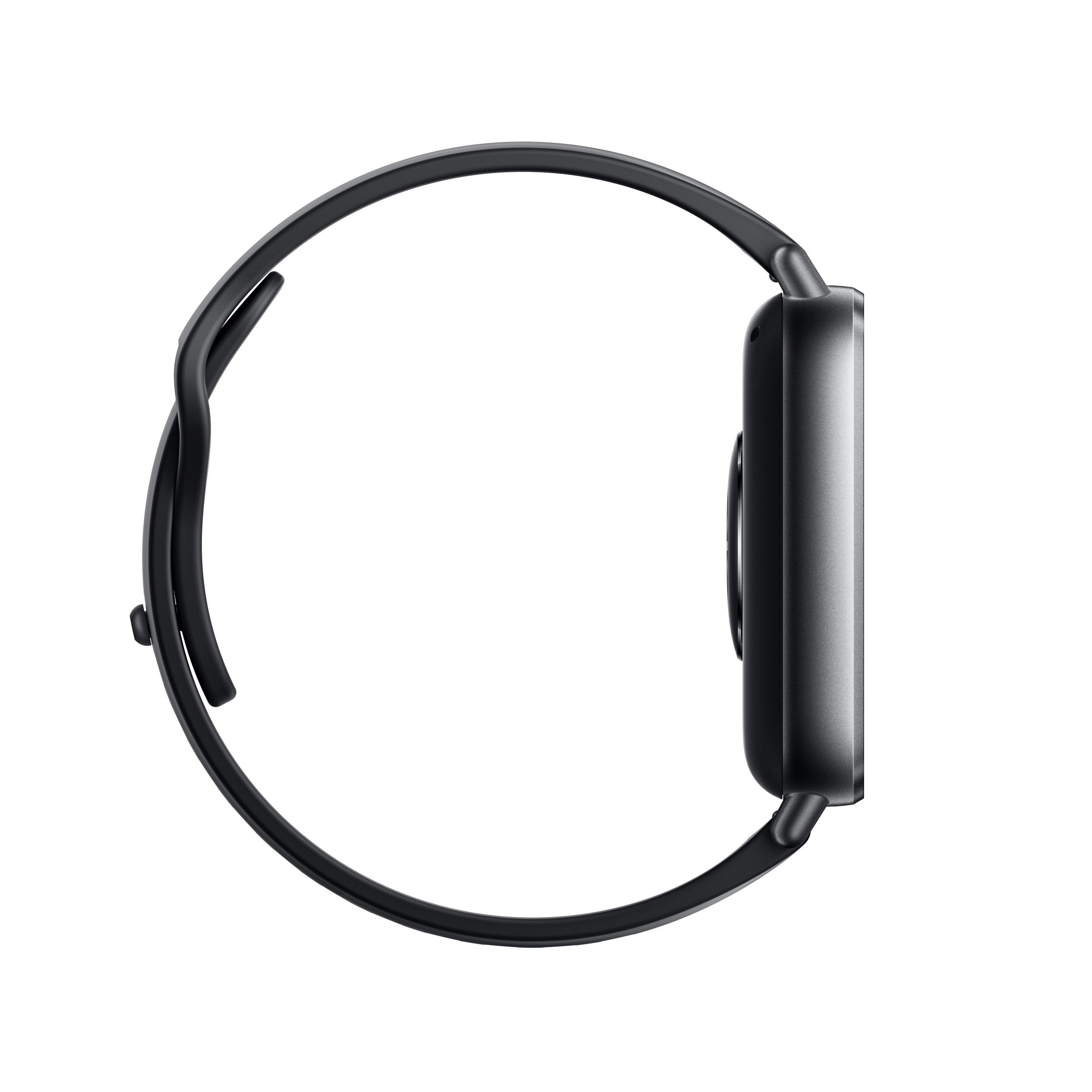 Schwarz-Weiß-Draufsicht einer Smartwatch mit schwarzem Armband. Die Uhr liegt auf weißem Grund.