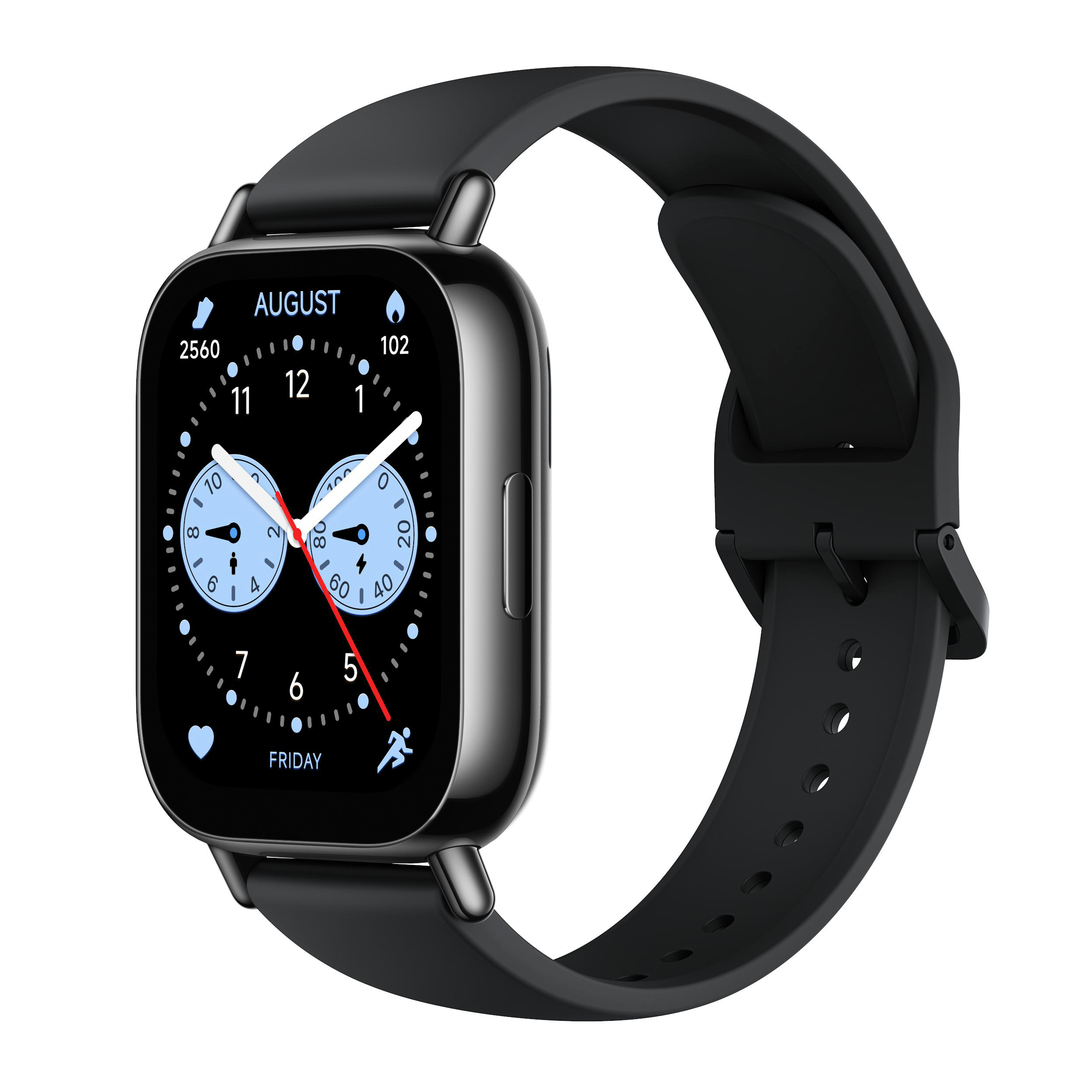 Schwarze Smartwatch mit schwarzem Armband. Der Bildschirm zeigt Zeit und andere Daten in einem Kreisstil an.