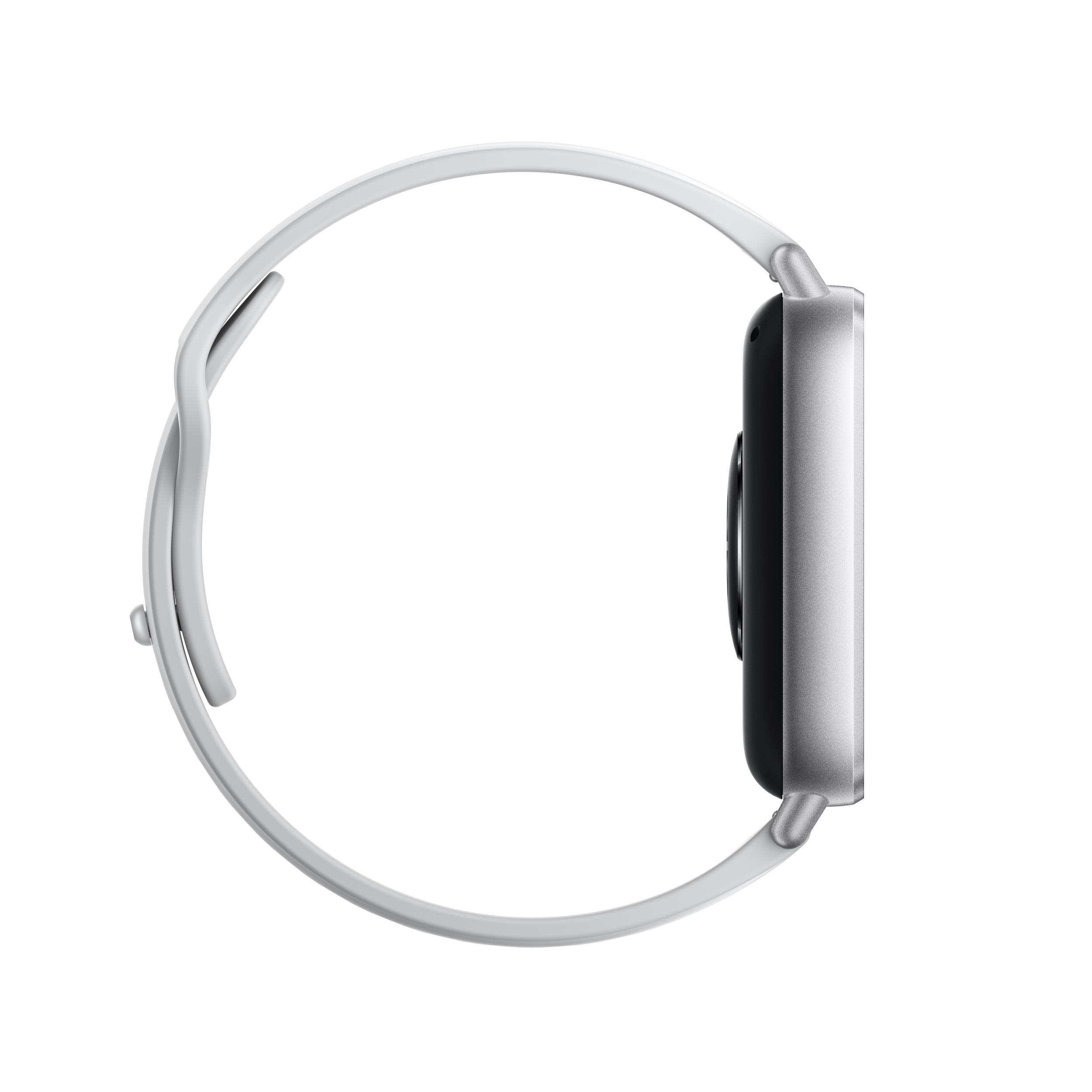 Seitenansicht einer weißen Smartwatch mit hellgrauem Armband.