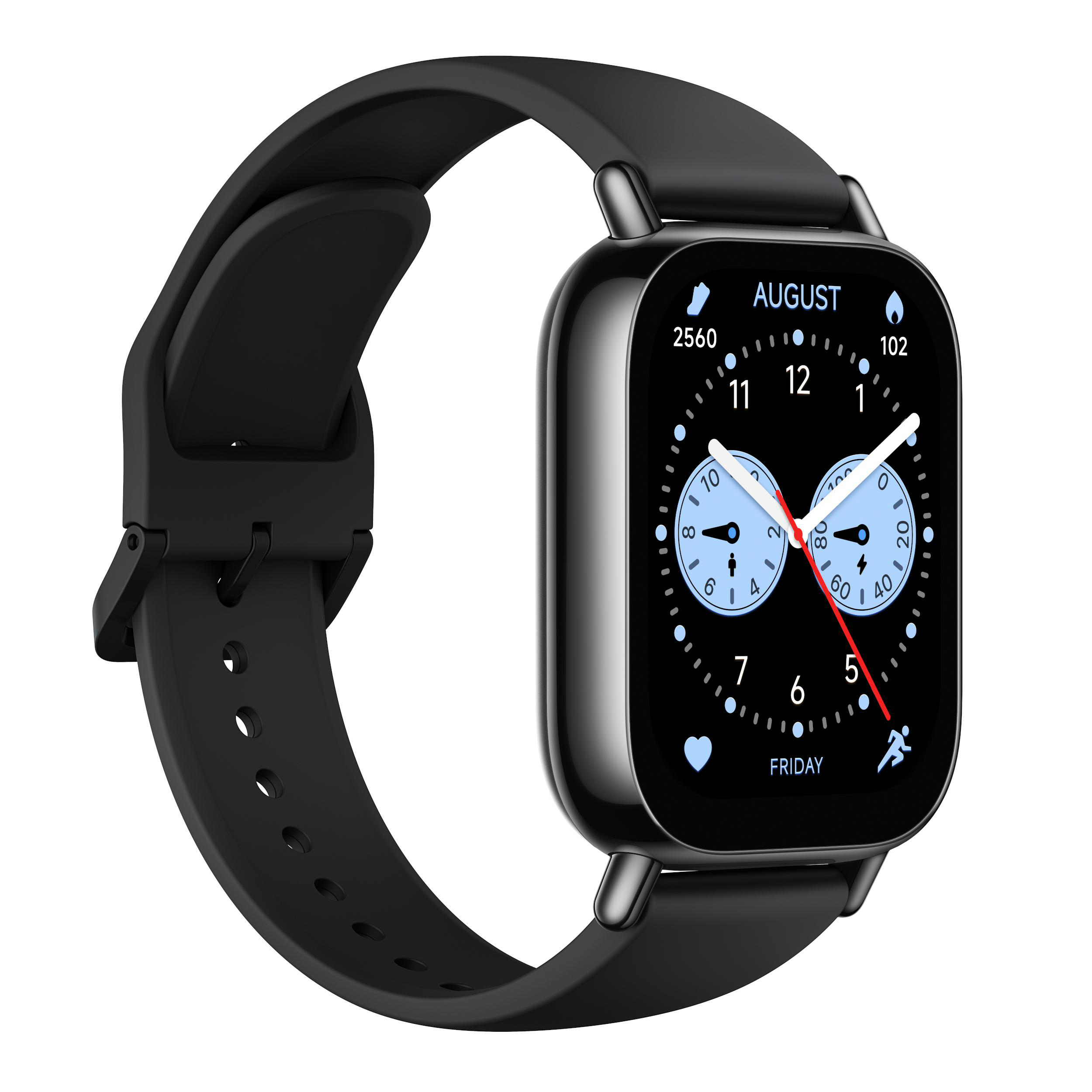 Schwarze Smartwatch mit schwarzem Armband. Das Zifferblatt zeigt Uhrzeit und Datum.