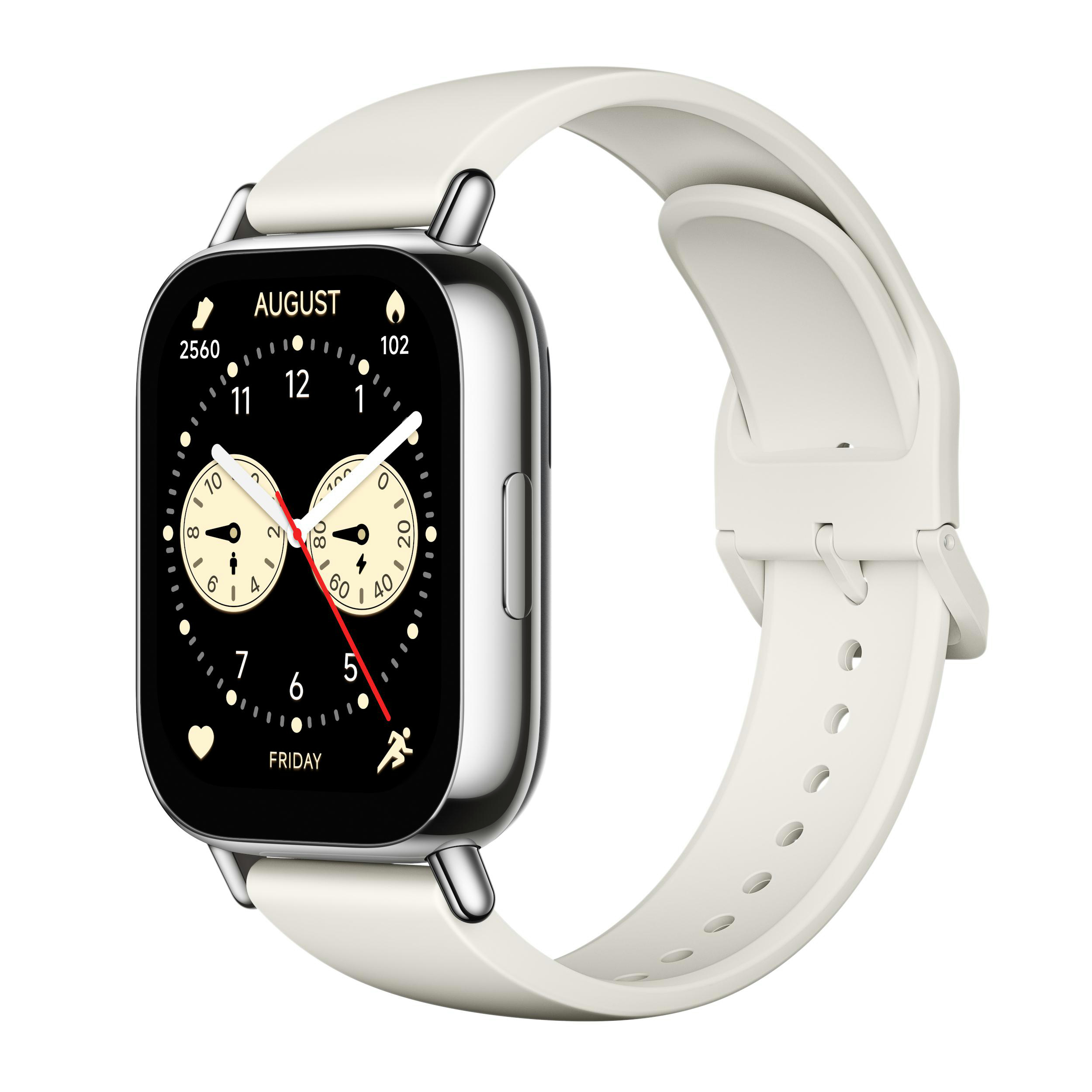 Smartwatch mit weißem Armband. Das Zifferblatt zeigt Uhrzeit und Datum an. Weißer Hintergrund.
