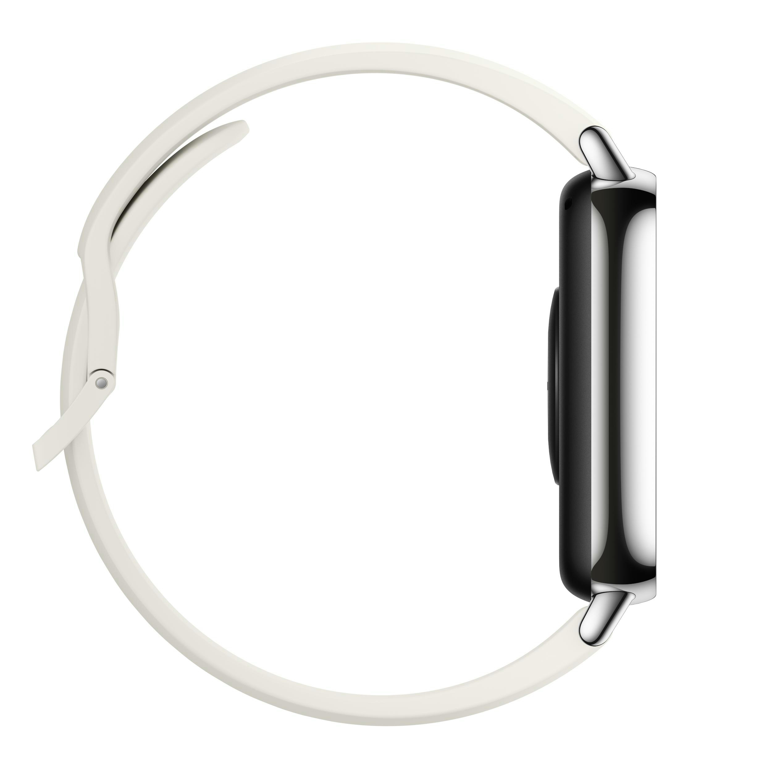 Seitenansicht einer Smartwatch mit weißem Armband, schwarzem Bildschirm. Die Uhr ist weiß.
