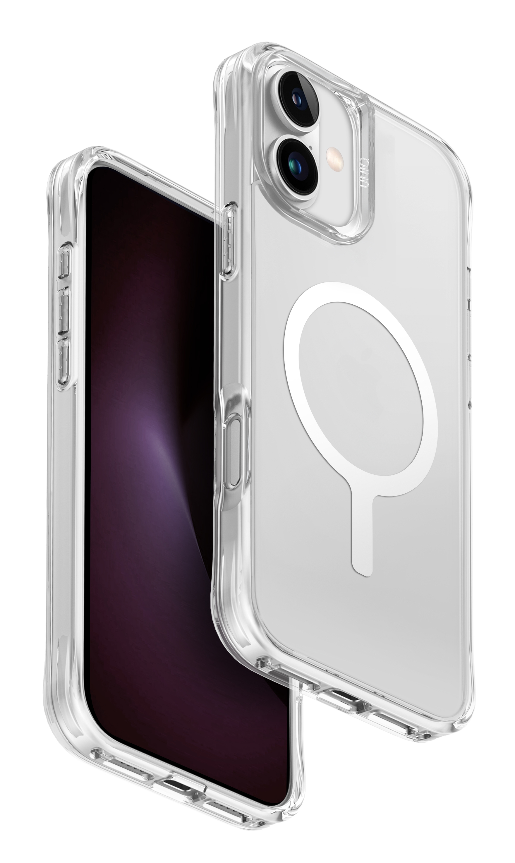 Przezroczyste etui z telefonem w środku; etui ma magnetyczny pierścień.