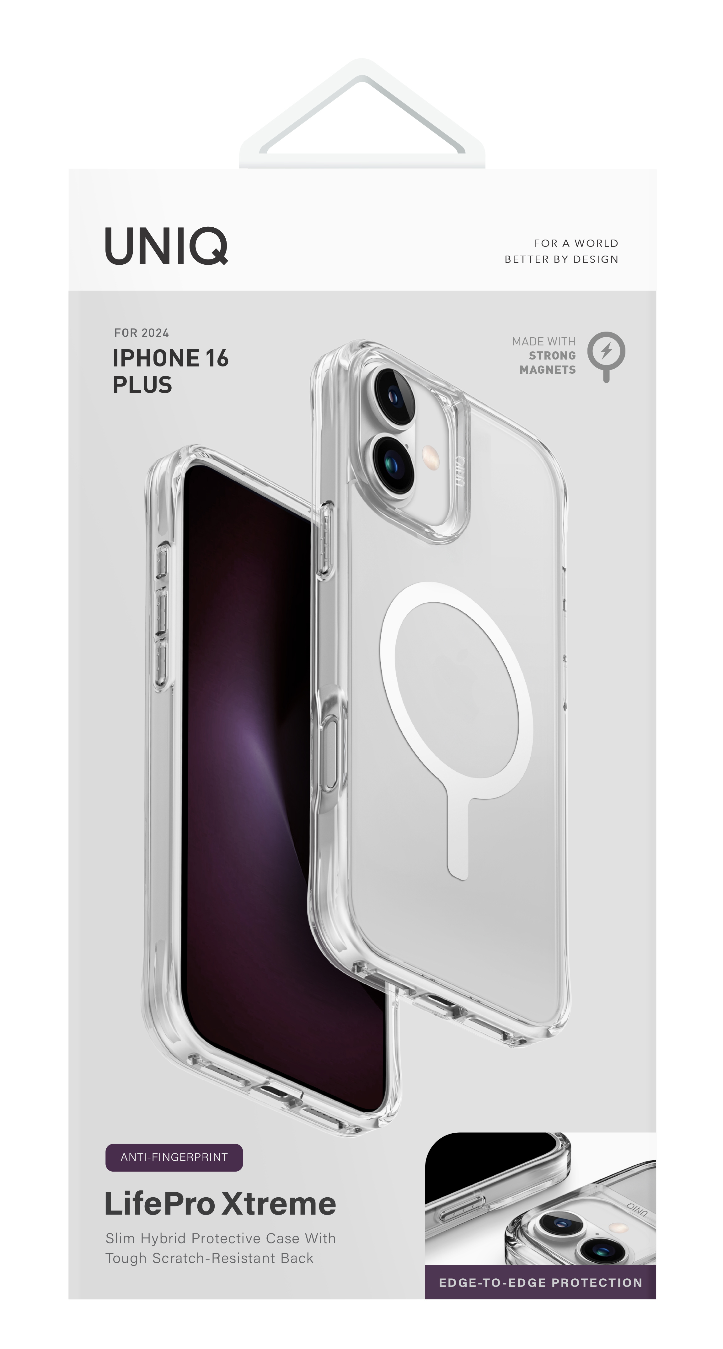 Przezroczyste etui na telefon z białym i srebrnym pierścieniem magnetycznym, w opakowaniu detalicznym.