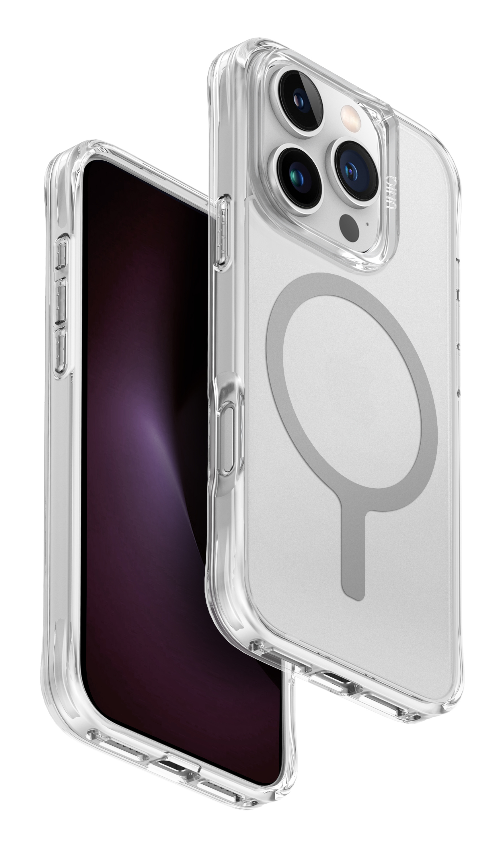 iPhone w przezroczystym etui z magnetycznym pierścieniem i bocznymi przyciskami, na białej powierzchni.